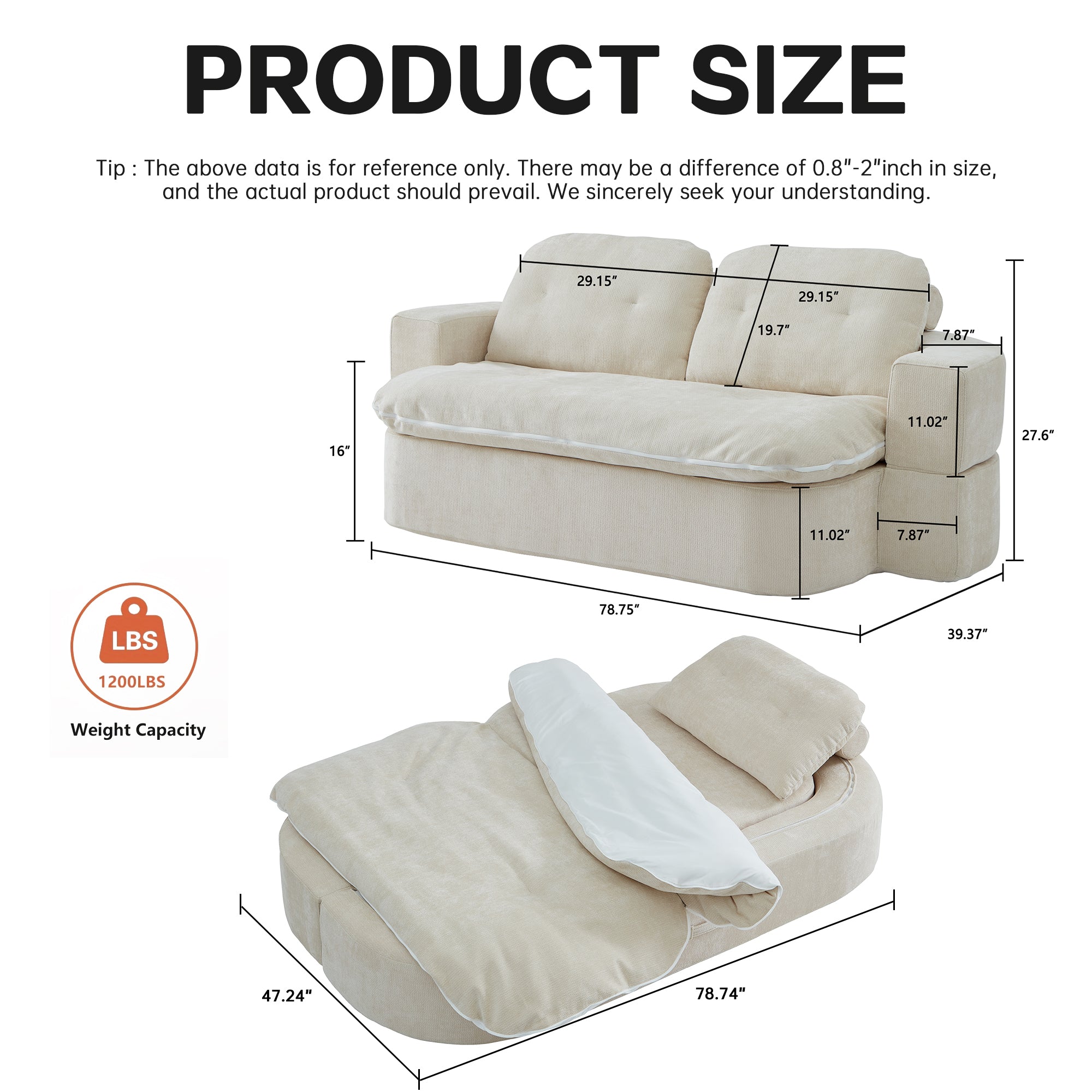 Modern Floor Sofa with 2 Pillows,Convertible Chenille Fabric Foam-Filled Sleeper Sofa Bed, no assembly required,Convertible Sofa Cushion Unfolds into Quilt,Folding Mattress for Living Room,Playroom - Grand Goldman Shop