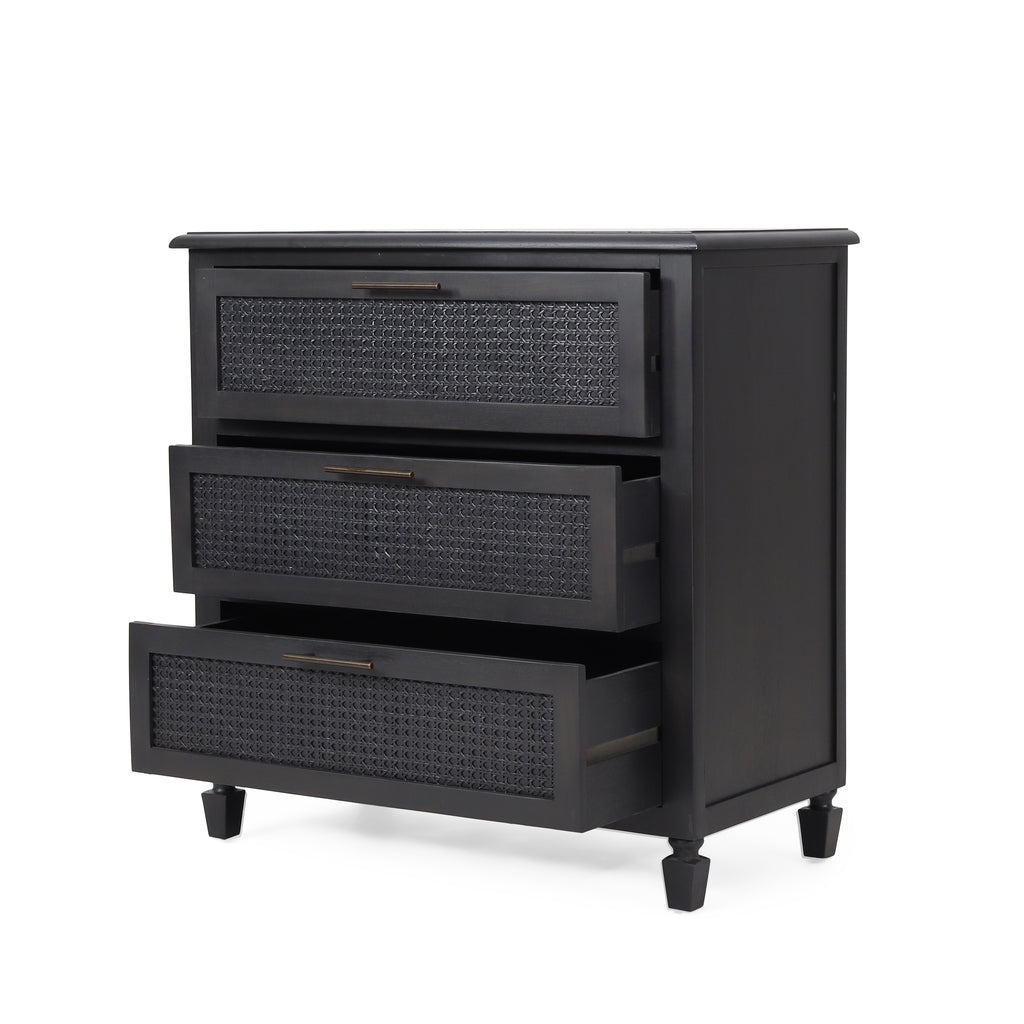 Newell Rustic Acacia Wood and Cane 3 Drawer Dresser - Grand Goldman Shop