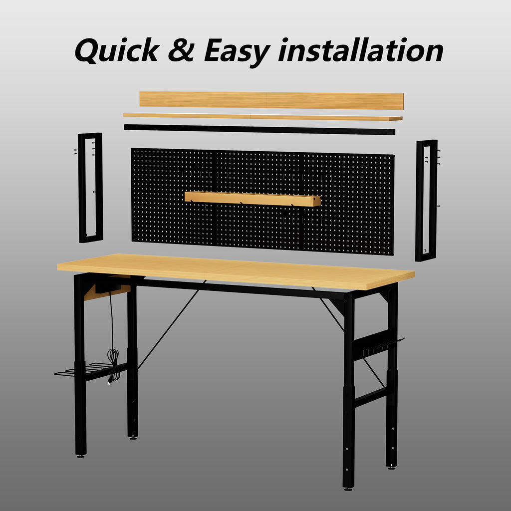 71''Adjustable Workbench with pegboard, Heavy Duty Wooden Desktop Workbench with Wheels, 1600 lb. Load Capacity, Rolling Work