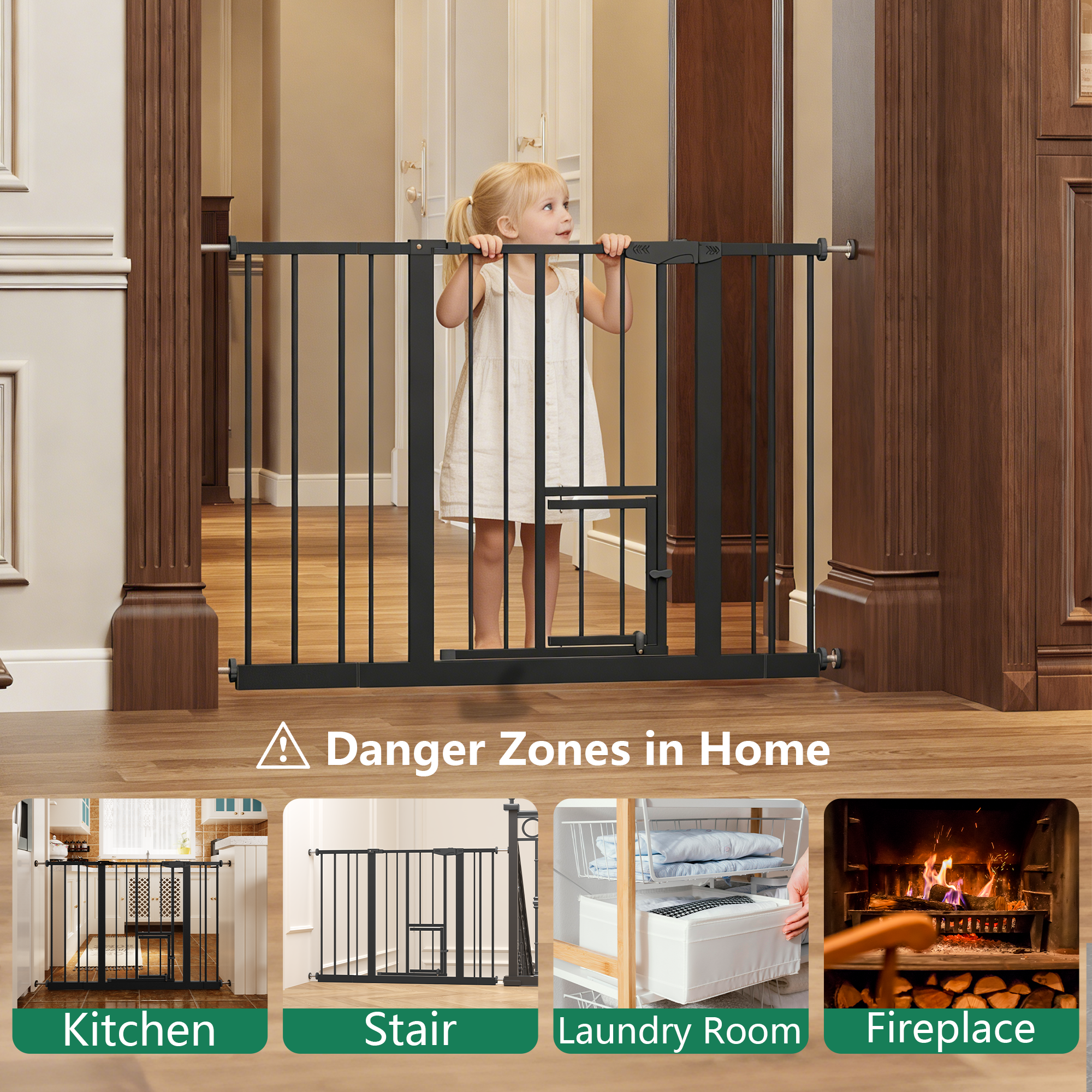 Baby Gate with Cat Door, 29.5-44.1' Metal Pet Door for Stairs & Doorways,Pressure Mounted,No Tools Needed, Black - Grand Gold