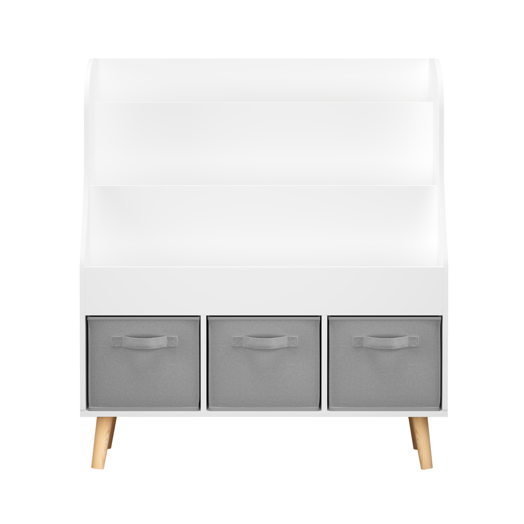 Kids Bookshelf with 3 Fabric Storage Bins, White Wooden Book Display Organizer for Toddlers and Children, Front-Facing Book R