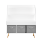 Kids Bookshelf with 3 Fabric Storage Bins, White Wooden Book Display Organizer for Toddlers and Children, Front-Facing Book R
