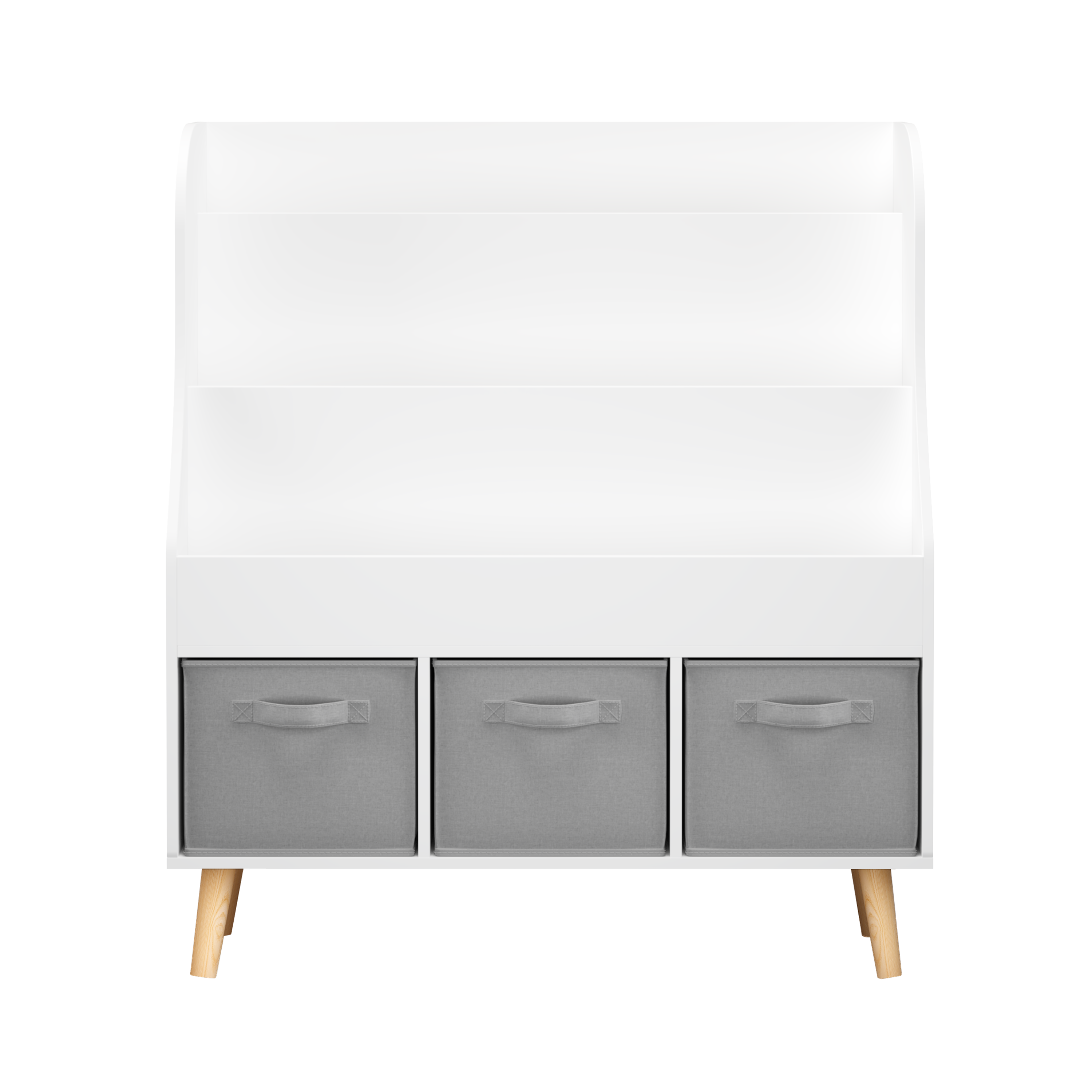 Kids Bookshelf with 3 Fabric Storage Bins, White Wooden Book Display Organizer for Toddlers and Children, Front-Facing Book R