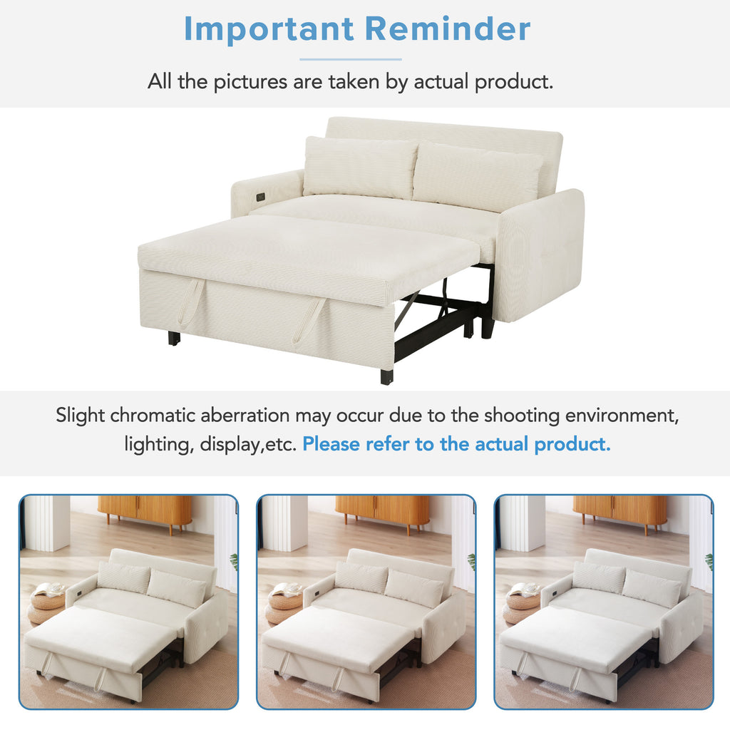 Modern Convertible Pull-out Sofa Bed with USB Ports and Pillows, Beige Corduroy, 57.48 inches - Grand Goldman Shop