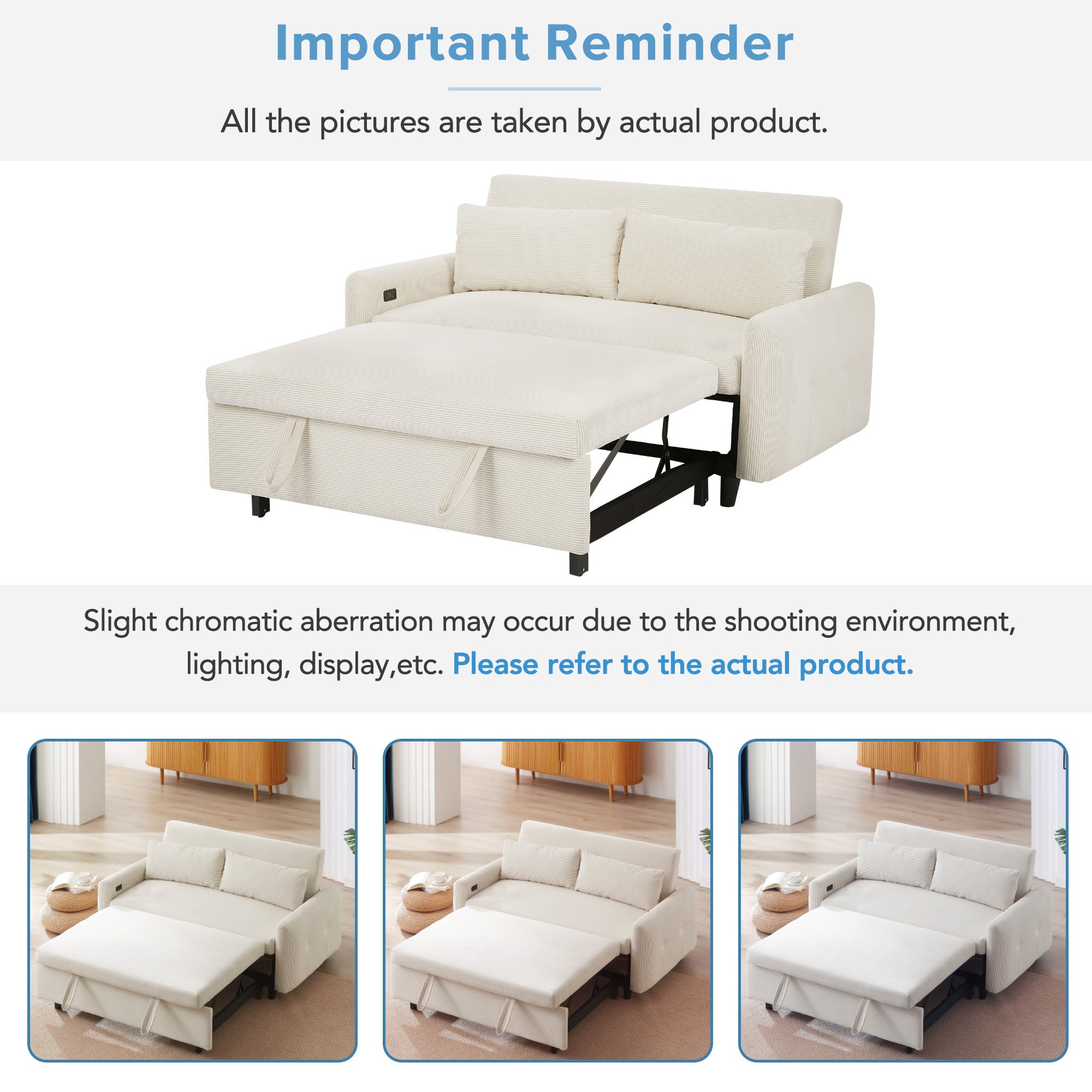 Modern Convertible Pull-out Sofa Bed with USB Ports and Pillows, Beige Corduroy, 57.48 inches - Grand Goldman Shop