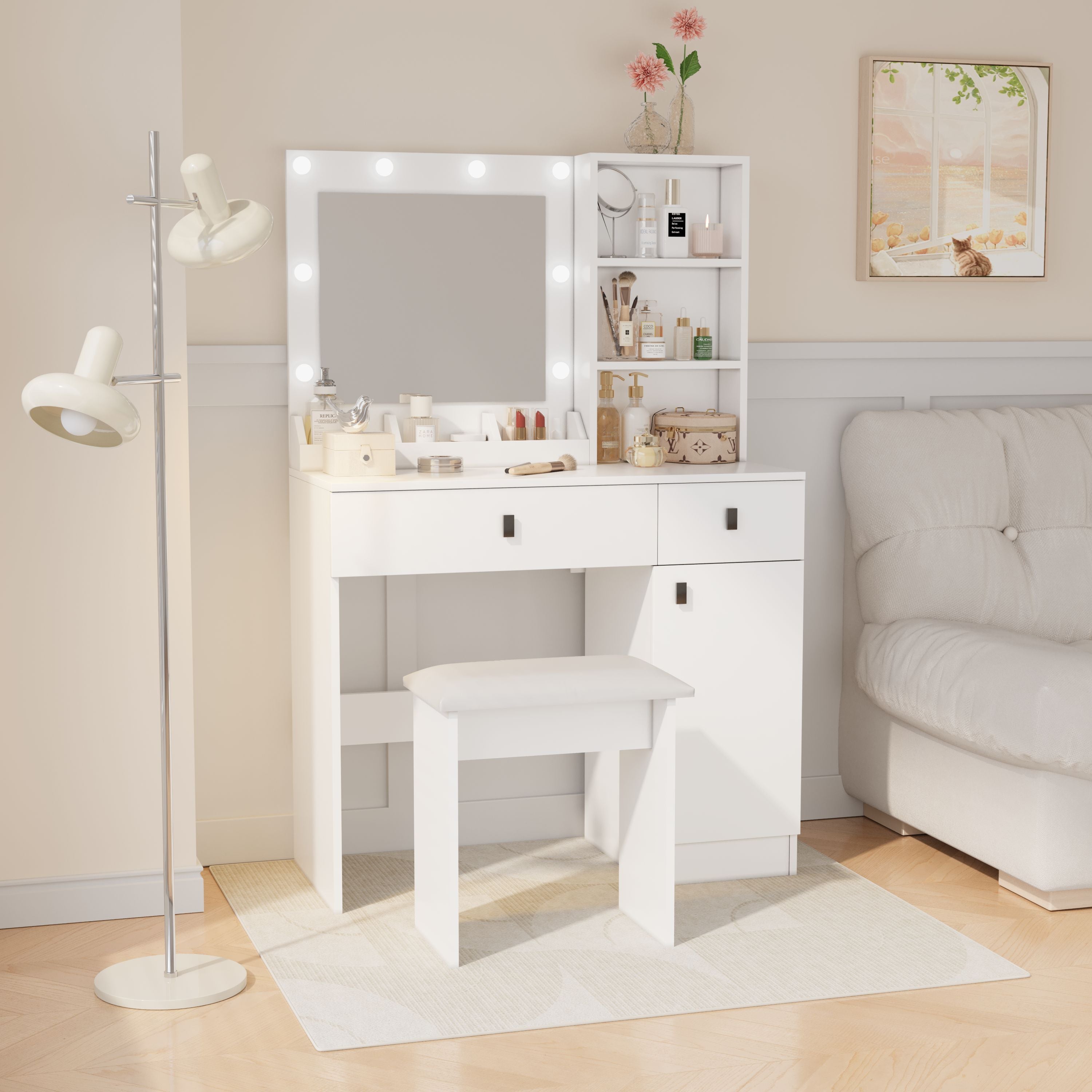 Vanity Desk with Lights, Vanity Set with Mirror, Makeup Vanity Desk with Large Drawers & Three Level Storage Dreeser, Vanitys/Vanities with 3 Lights Brightness Adjustable for Bedroom, White - Grand Goldman Shop