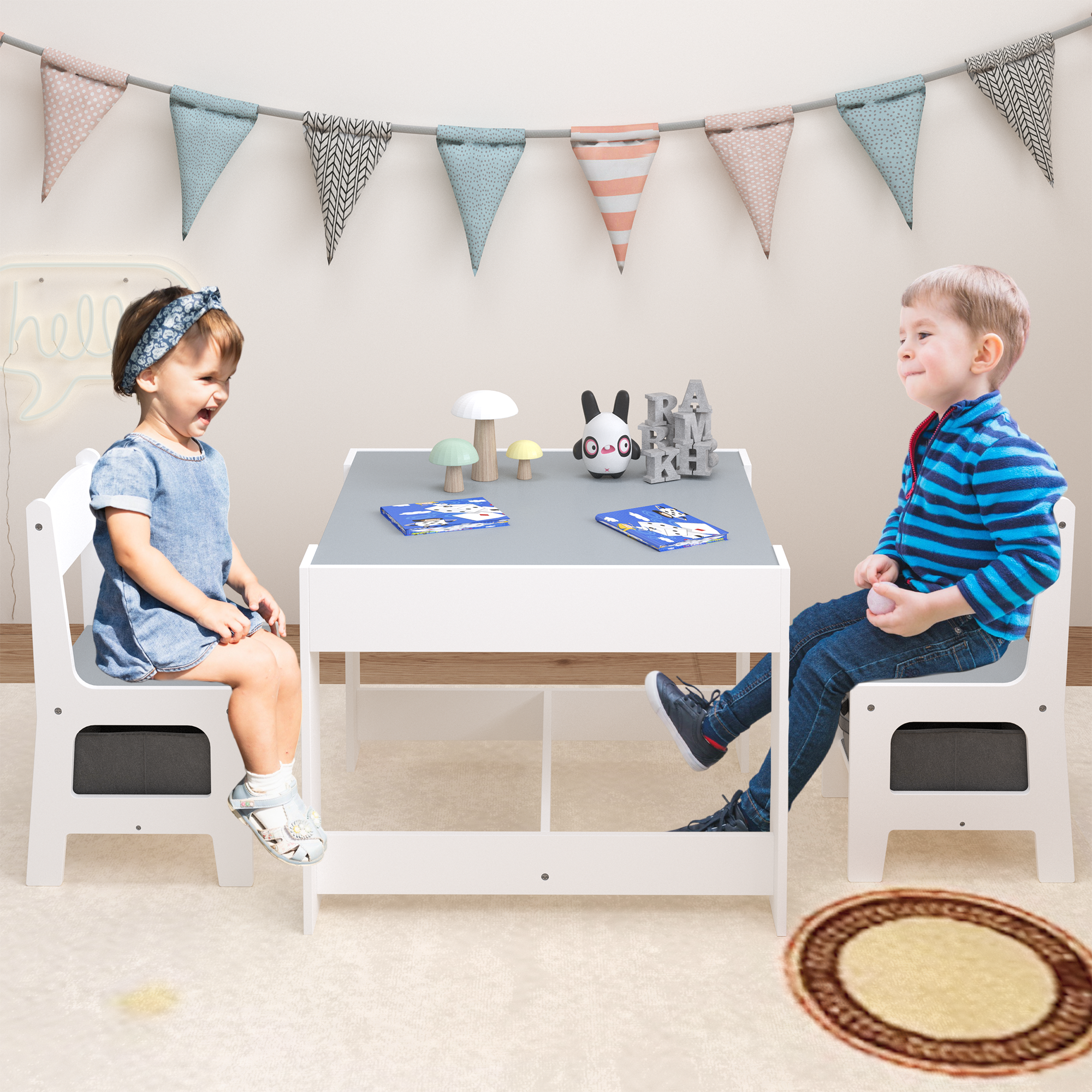 Kids Table and Chair Set, 3 in 1 Wooden Activity Table with Storage Drawer for Toddlers Drawing, Reading, Crafts, 2 in 1 Deta