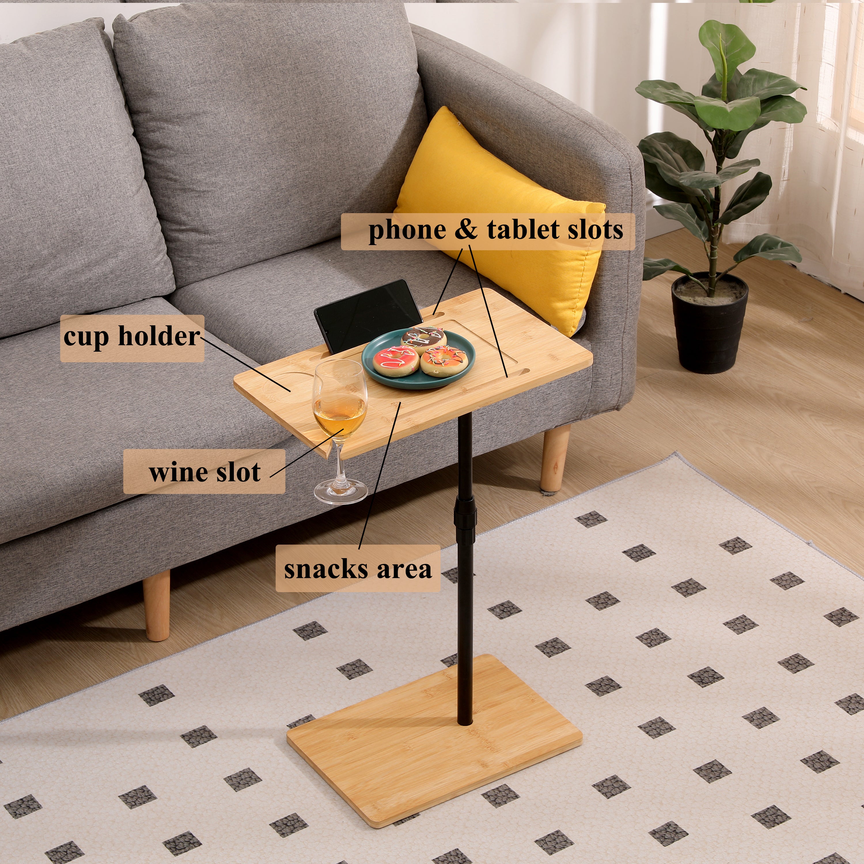 Bamboo Couch Tray Table Height Adjustable C-Shaped End Table with Slots 2 Tier Sofa Side Table for Living Room & Bedroom (Rectangle + Rectangle) - Grand Goldman Shop