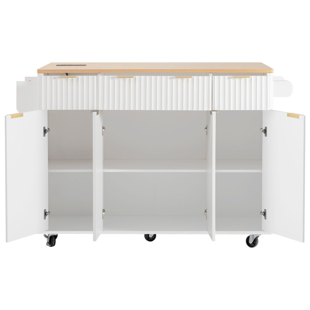 K&K Fluted Kitchen Island with Storage, 55.5' Kitchen Island with Drop Leaf, Power Outlet, 4 Doors and 3 Drawers, Rolling Island Table with Wood-grain Top, Curved Edge for Kitchen,Dining Room White - Grand Goldman Shop