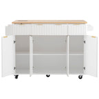 K&K Fluted Kitchen Island with Storage, 55.5' Kitchen Island with Drop Leaf, Power Outlet, 4 Doors and 3 Drawers, Rolling Island Table with Wood-grain Top, Curved Edge for Kitchen,Dining Room White - Grand Goldman Shop