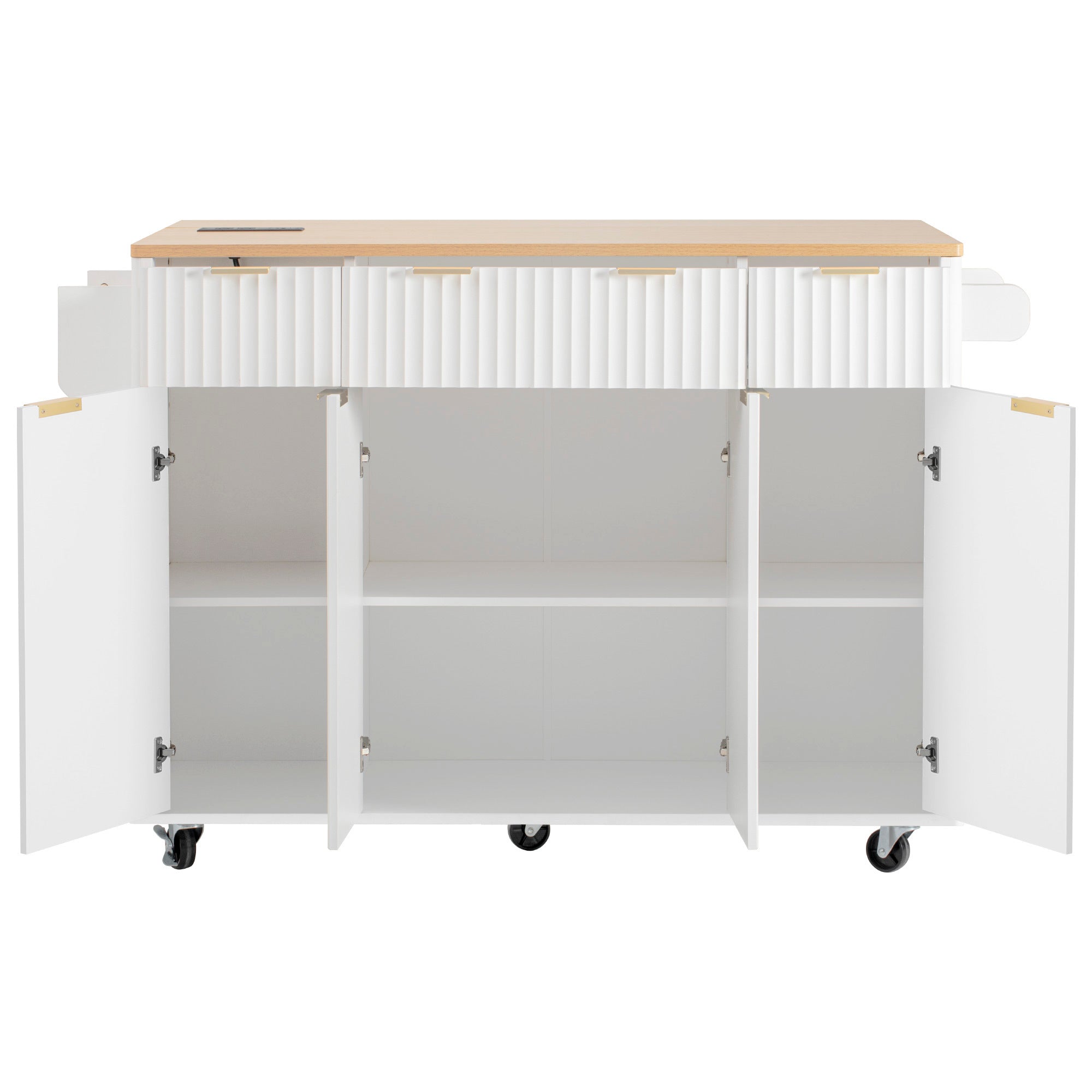 K&K Fluted Kitchen Island with Storage, 55.5' Kitchen Island with Drop Leaf, Power Outlet, 4 Doors and 3 Drawers, Rolling Island Table with Wood-grain Top, Curved Edge for Kitchen,Dining Room White - Grand Goldman Shop