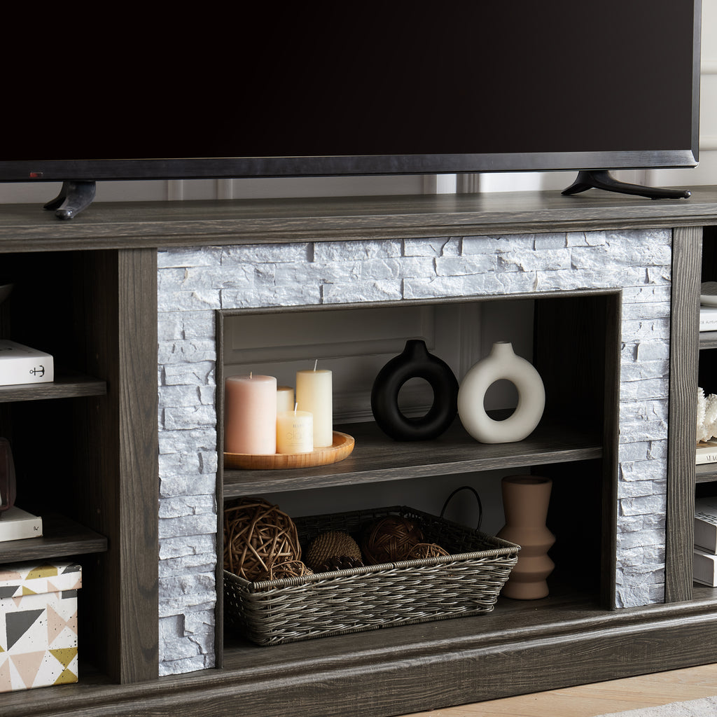 Large TV Stand TV Desk Storage Rack with Faux Stacked Stone Surround,Media Console Table with Large Storage Cabinet,Modern TV Media Entertaionment Stand,GREY, 70.12'W*15.35'D*25.83'H - Grand Goldman Shop
