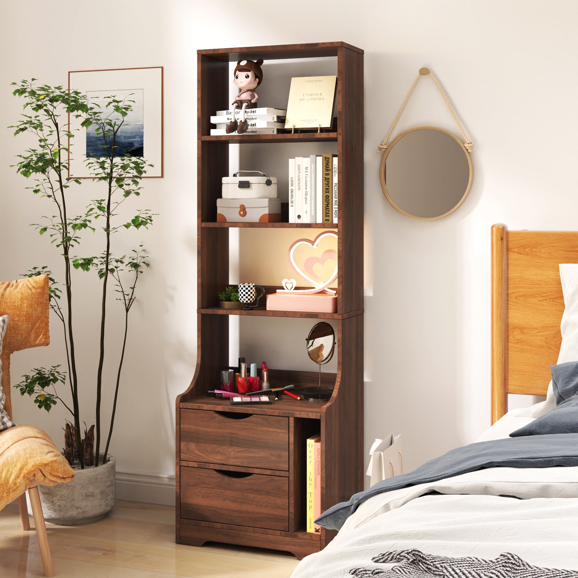 Night Stand with Bookshelf, Night Stand with 2 Storage Drawers for Bedroom - Grand Goldman Shop