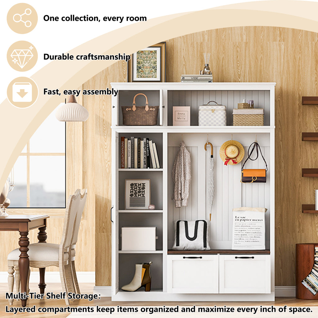 3-in-1 Hall Tree with Overhead Storage Cabinet, 3 Adjustable Side Shelves, 4 Heavy-Duty Hooks, 2 Spacious Drawers, Grooved Back Panel Design, Contrasting Seat Bench, Multifunctional Entryway Organizer - Grand Goldman Shop