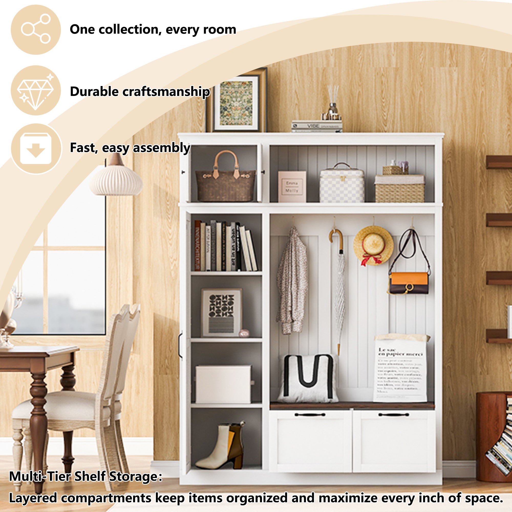 3-in-1 Hall Tree with Overhead Storage Cabinet, 3 Adjustable Side Shelves, 4 Heavy-Duty Hooks, 2 Spacious Drawers, Grooved Back Panel Design, Contrasting Seat Bench, Multifunctional Entryway Organizer - Grand Goldman Shop