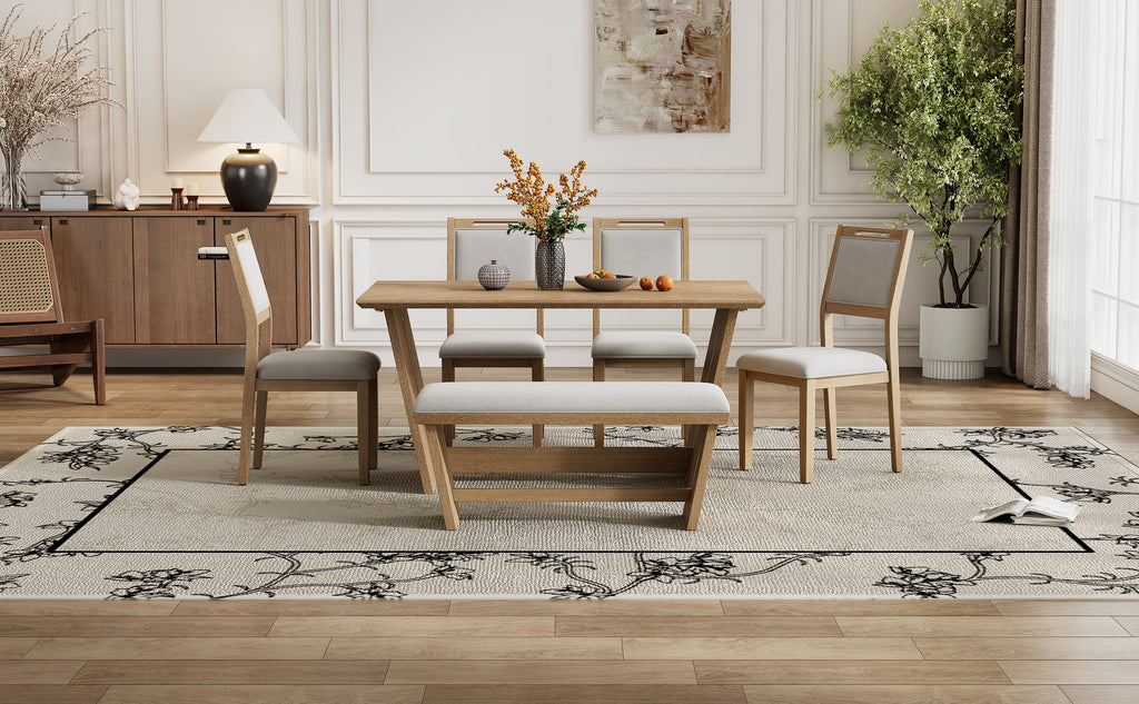 TREXM 6-Piece Retro Dining Table Set for 6, 60' Wood Kitchen Table and Chairs Set of 4 with Bench Designed Trestle Base for kitchen & Dining Room (Natural Wood Wash) - Grand Goldman Shop
