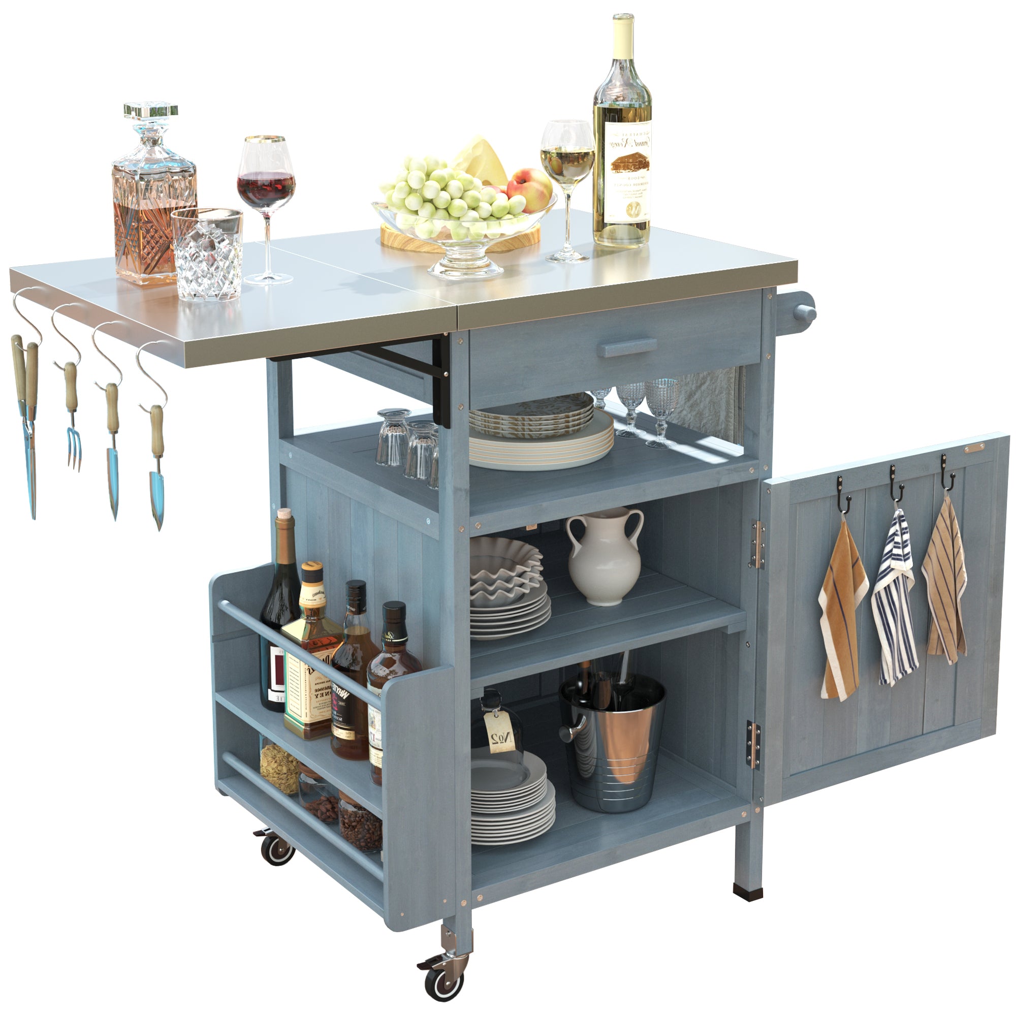 K&K 40.5' Outdoor Grill Cart with Stainless Steel Top, Solid Wood Outdoor Storage Cabinet with Drop Leaf, One Drawer, Towel Rack, Rolling Kitchen Cart with Lockable Wheels for Lawn Garden, Blue Grey - Grand Goldman Shop