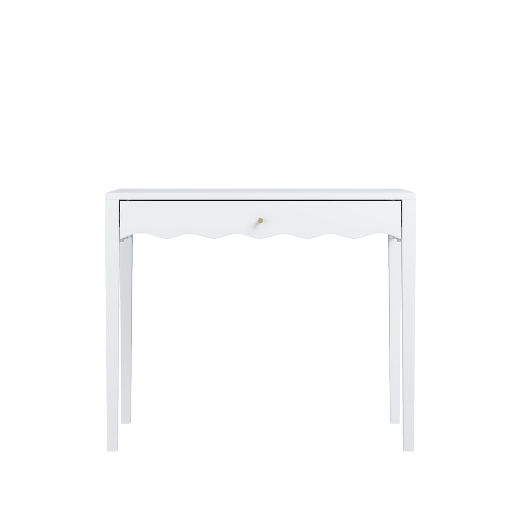 White 35.43' Vanity Desk with Drawer – Modern Makeup Table with Scalloped Front & Gold Knob, Compact Writing Desk with 4 Sturdy Legs for Bedroom, Small Home Office & Apartment Spaces - Grand Goldman Shop