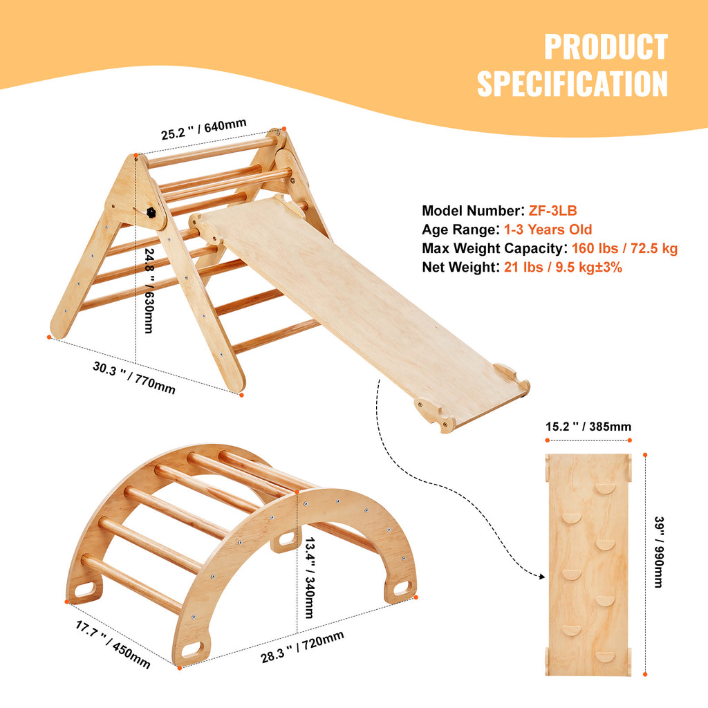Pikler Triangle Set, 5 in 1 Toddler Climbing Toys Indoor Playground, Ramp, and Arch, Montessori Climbing Set with Triangle, L