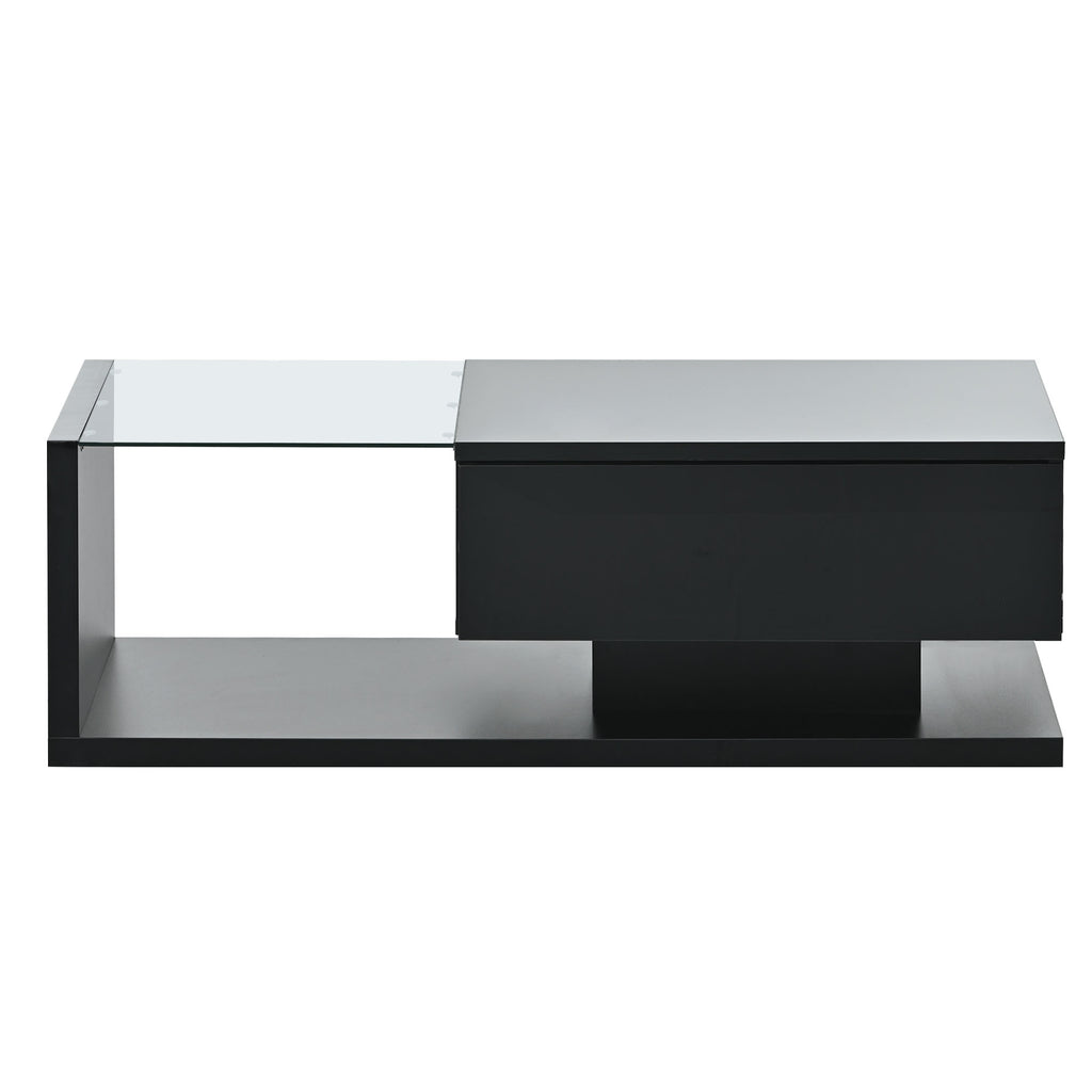 [VIDEO provided] ON-TREND Modern Coffee Table with Tempered Glass, Wooden Cocktail Table with High-gloss UV Surface, Modernist 2-Tier Rectangle Center Table for Living Room, Black - Grand Goldman Shop