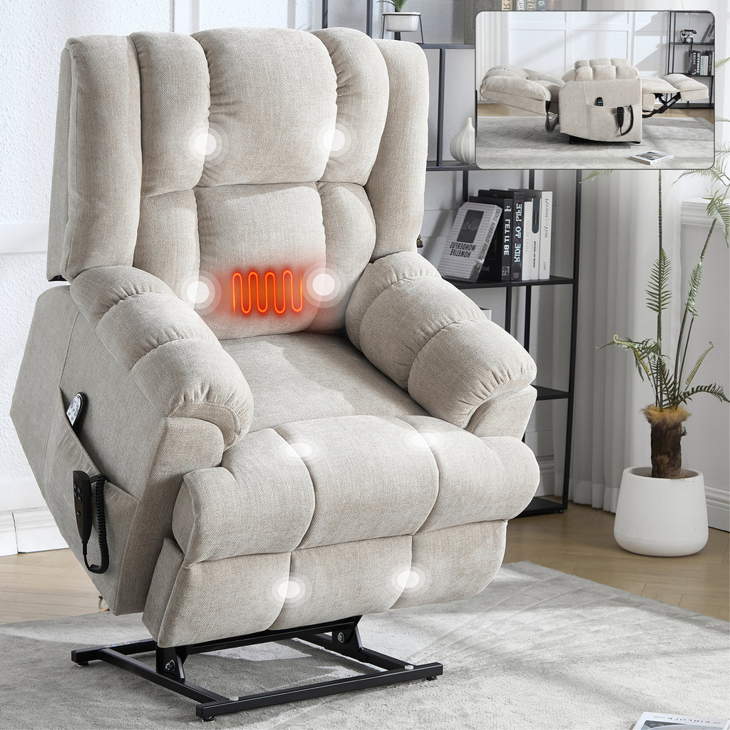 Dual Motor Heat Massage Infinite Position Up to 350 LBS Electric Power Lift Recliners with Power-Remote, Medium-firm and Heavy Duty, Beige - Grand Goldman Shop