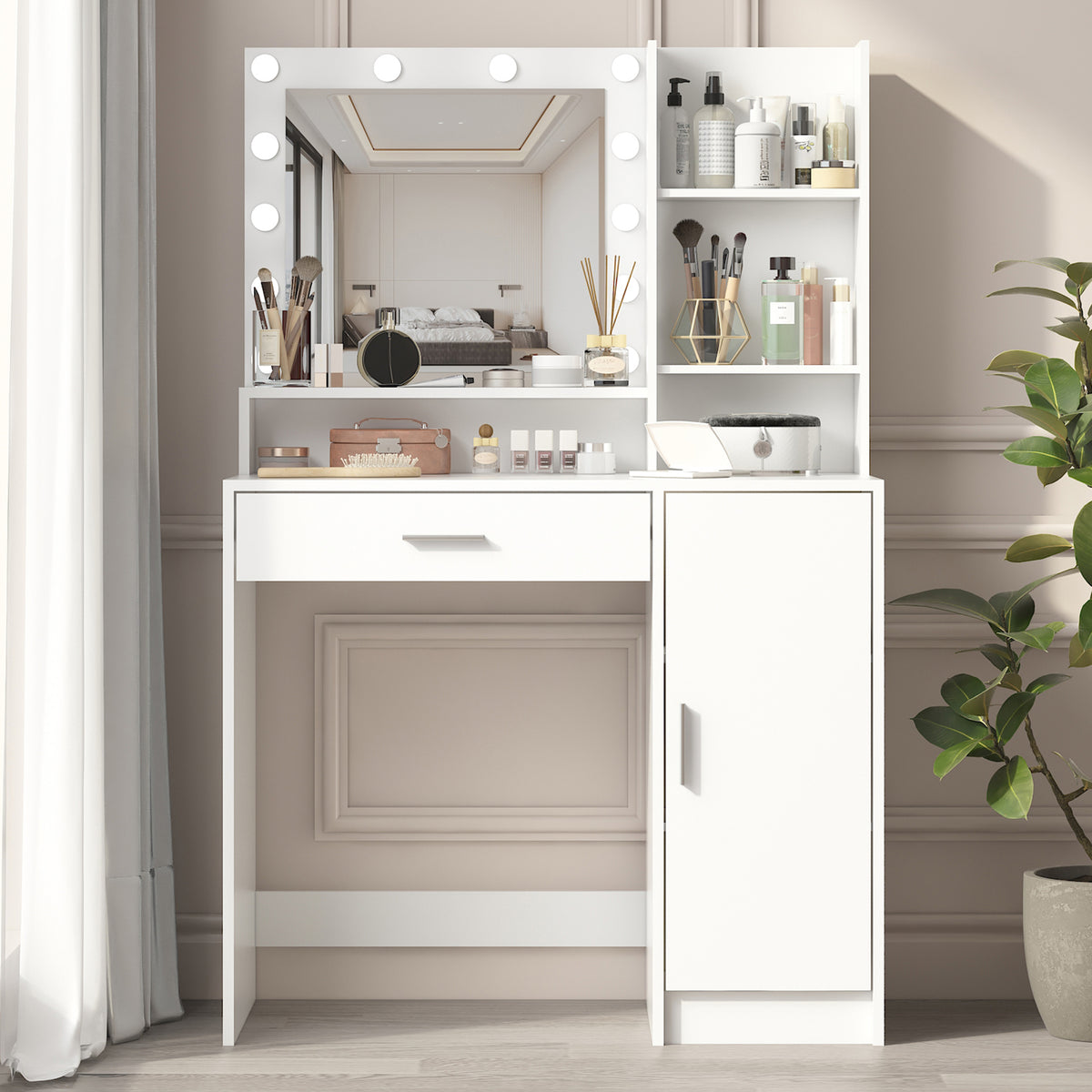 Vanity Desk with Mirror & Light, Large Drawer Three Level Storage Dresser, 3 Lighting Modes Adjustable Brightness, Bedroom Dressing Table(white) - Grand Goldman Shop