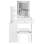 29.2' Small Size Left Bedside Cabinet Vanity Table + Cushioned Stool, 2 AC+2 USB Power Station, Hair dryer bracket, Extra Large Touch Control Sliding LED Mirror, Tri-color Switching, Brightness Adjust - Grand Goldman Shop