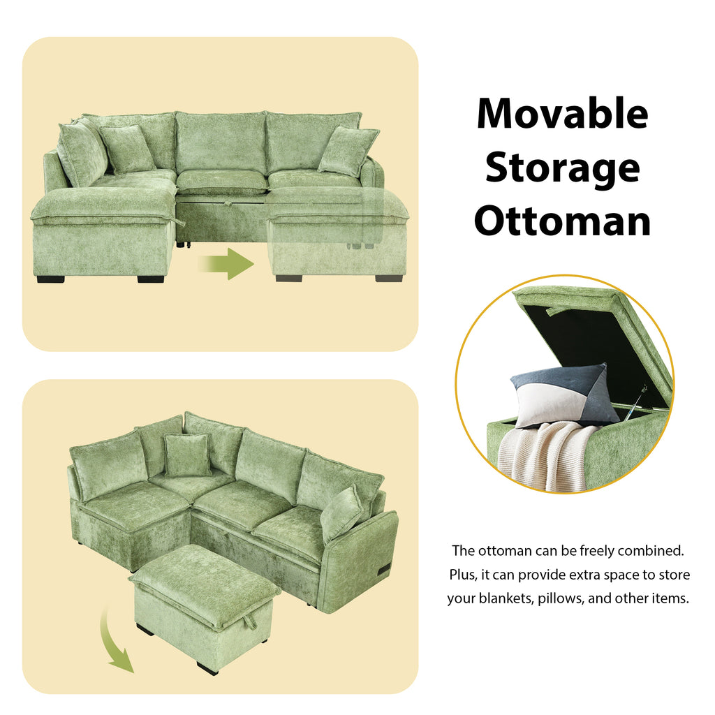 Convertible Sofa Bed Sectional Sofa Sleeper with Storage Ottoman, Green Chenille, 82.67 inches - Grand Goldman Shop