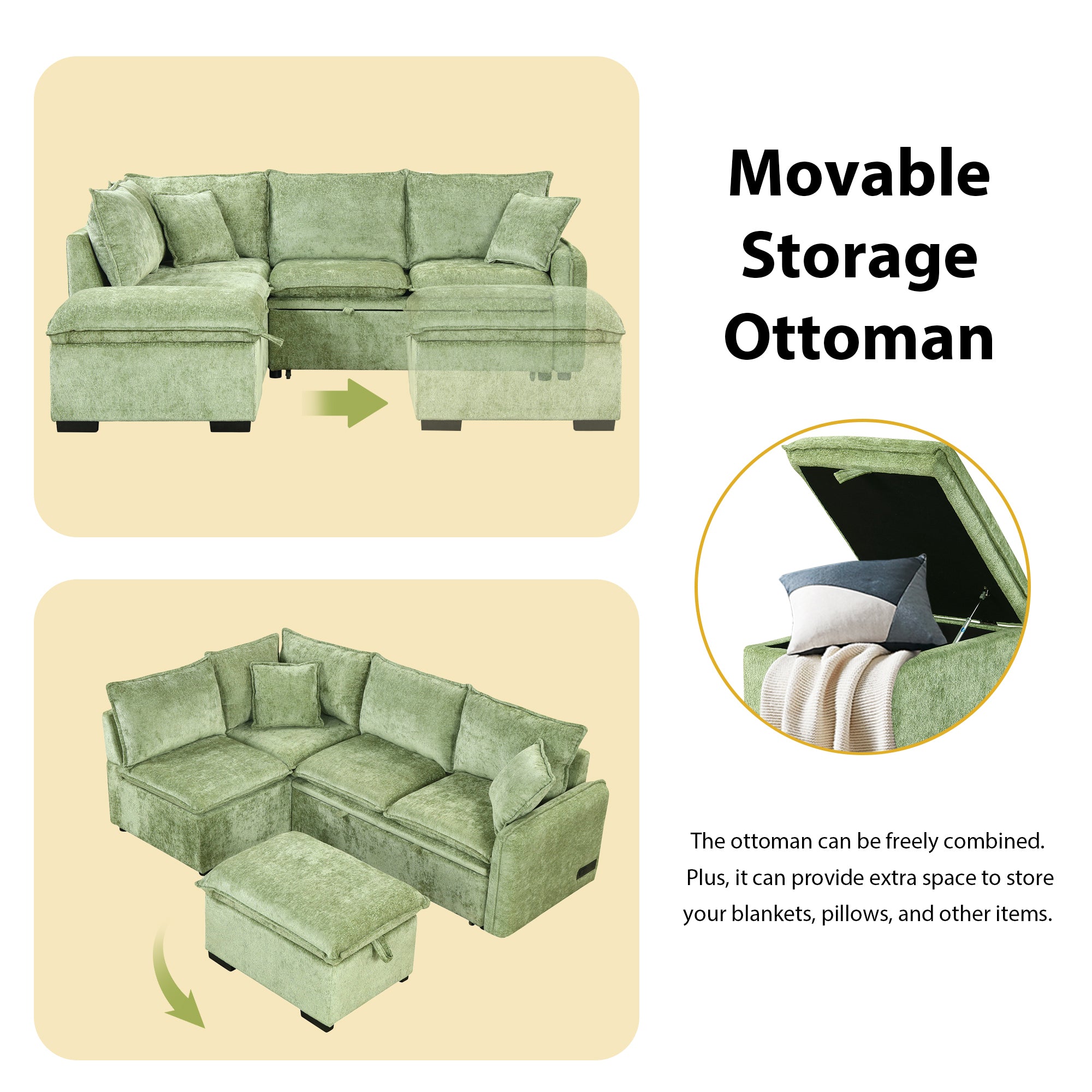Convertible Sofa Bed Sectional Sofa Sleeper with Storage Ottoman, Green Chenille, 82.67 inches - Grand Goldman Shop