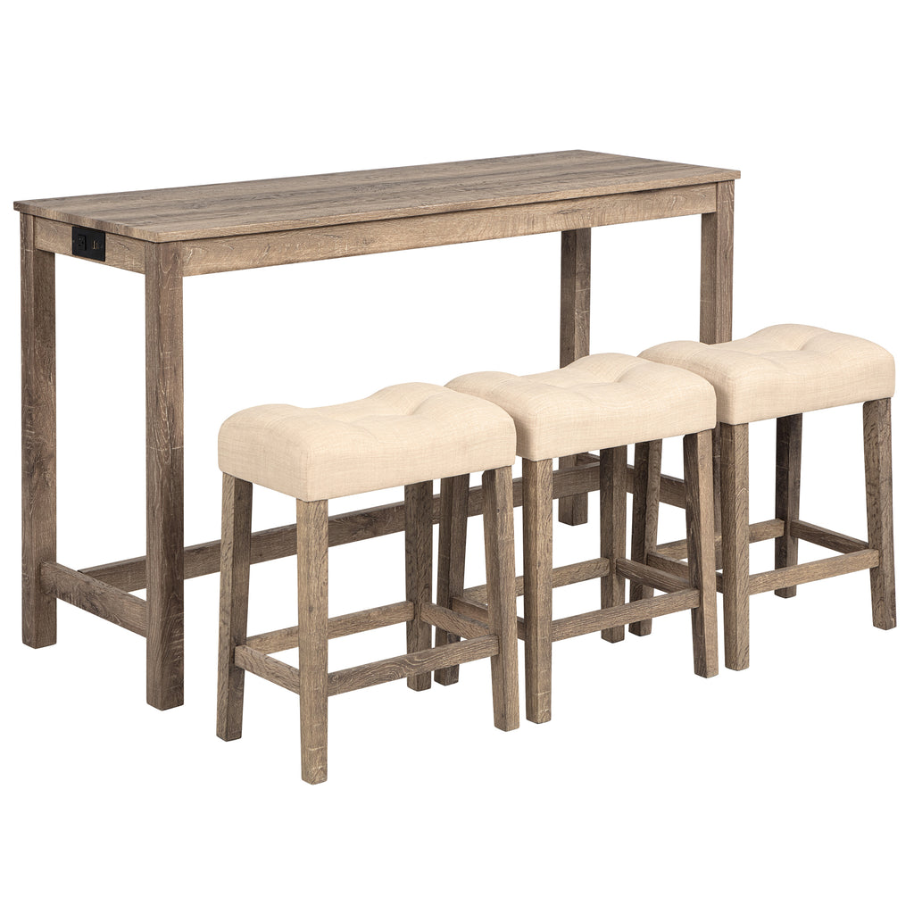 4-Piece Bar Table Set with Power Outlet, Dining Bar Table and Chairs Set, Bar Table Set with 3 Padded Stools for Living Room, Dining Room, Game Room, Brown - Grand Goldman Shop