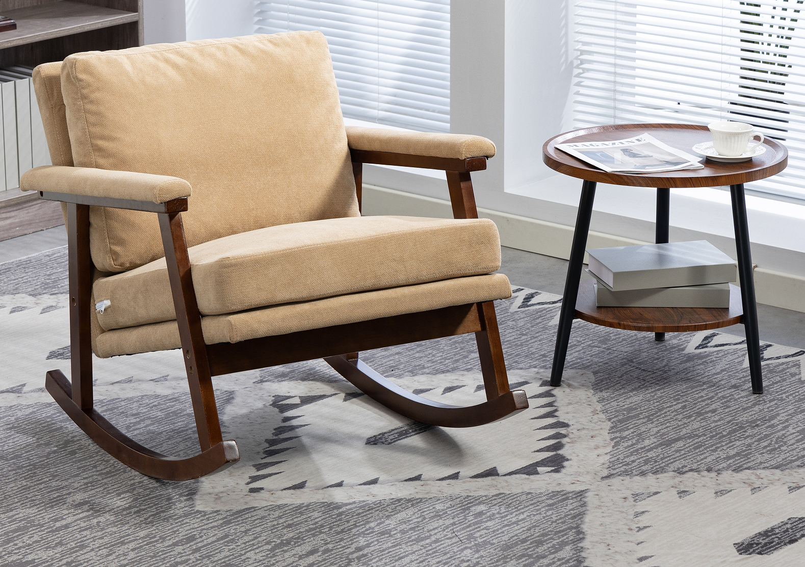 Mid Century Modern Accent Chair ,rocking chair with Wood Frame, Upholstered Living Room Chairs , Reading Armchair for Bedroom Sunroom - Grand Goldman Shop
