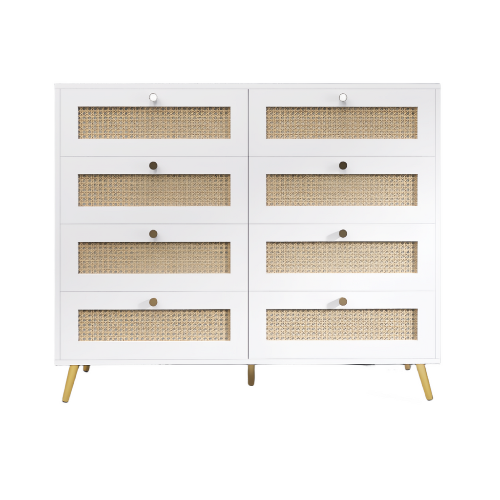 White Color 8 Drawers Chest of Drawers with Rattan Drawer Face Golden Legs and Handles - Grand Goldman Shop