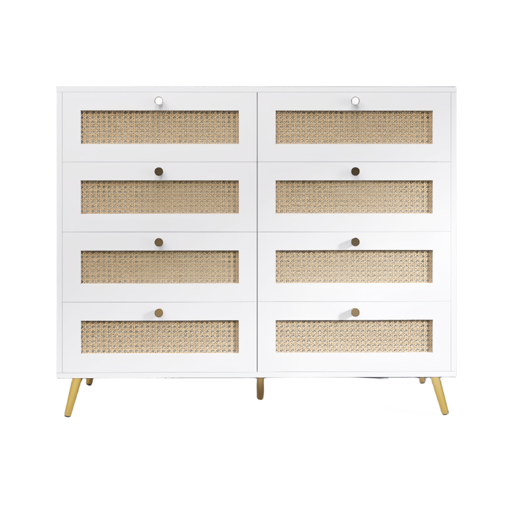 White Color 8 Drawers Chest of Drawers with Rattan Drawer Face Golden Legs and Handles - Grand Goldman Shop