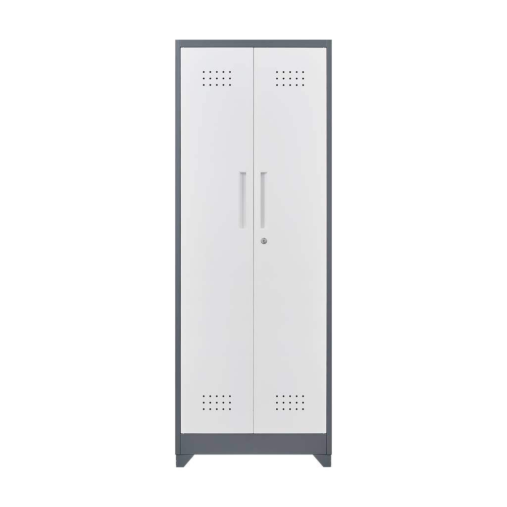 Heavy Duty Grey Metal Storage Cabinet with Locking Doors, Hanging Rod & Shelves, 65' H Broom Closet for Garage or Basement - 