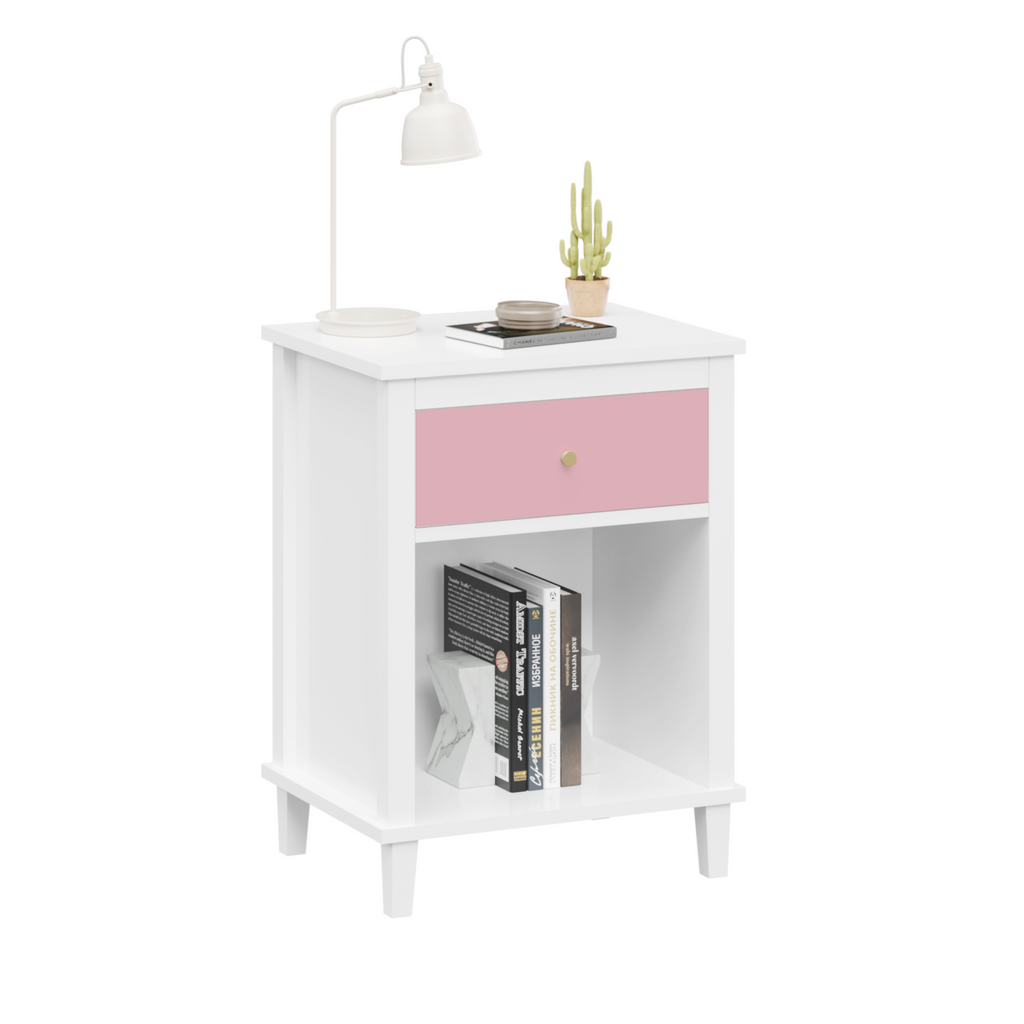Pink+Golden Handle Wooden Nightstand 26.77''H with One Drawer One Shelf for Kids and Adults - Grand Goldman Shop