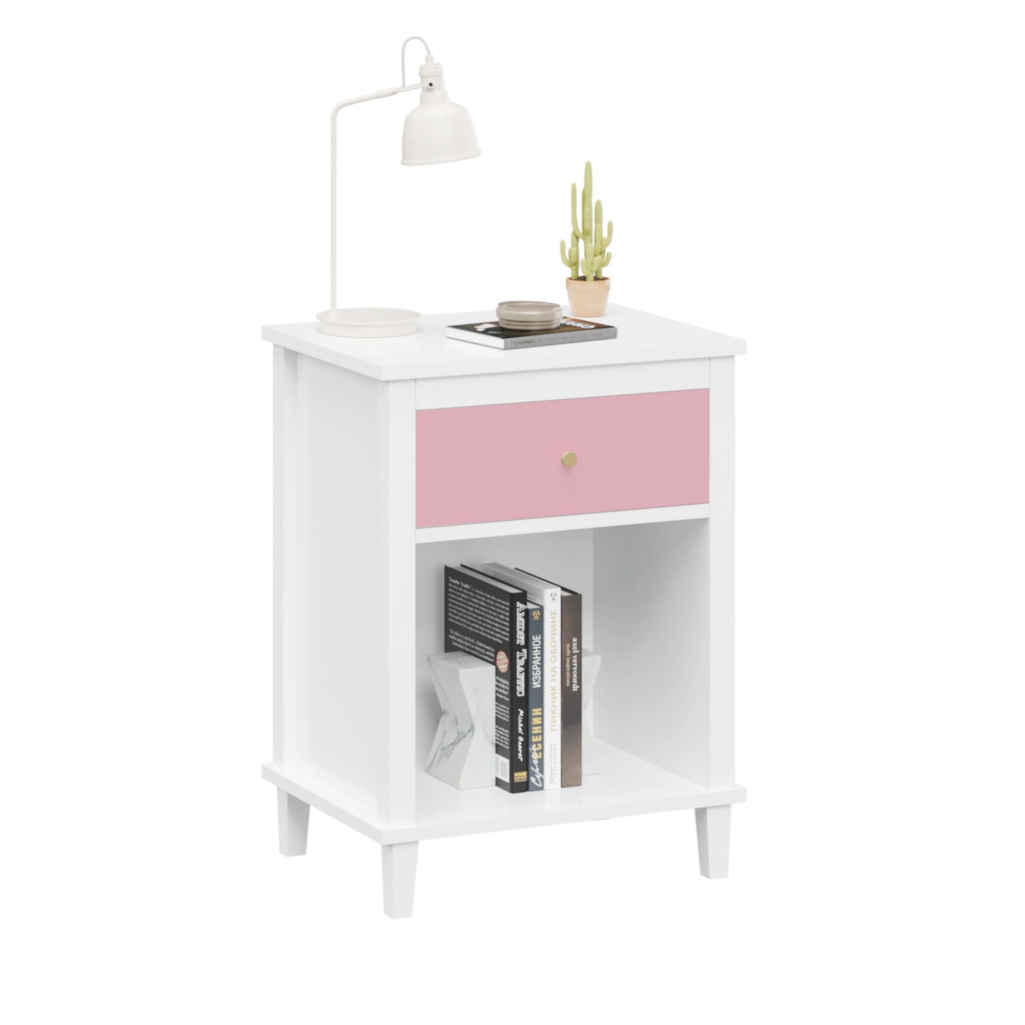 Pink+Golden Handle Wooden Nightstand 26.77''H with One Drawer One Shelf for Kids and Adults - Grand Goldman Shop