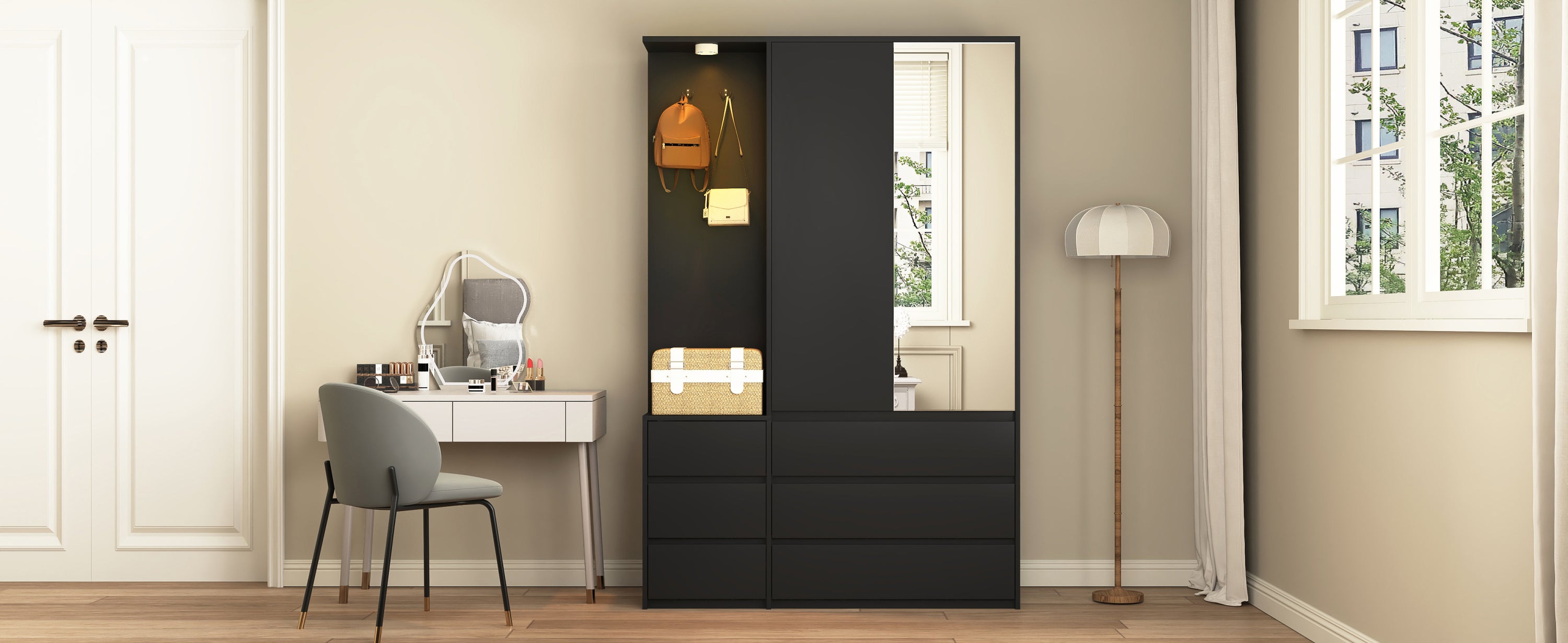 Wardrobe Closet 71.7' H, Bedroom Wooden Wardrobe with 2 Doors 6 Drawers, Modern Clothing Storage Cabinet Combination with Storage Shelves and Hanging Rail, Black - Grand Goldman Shop