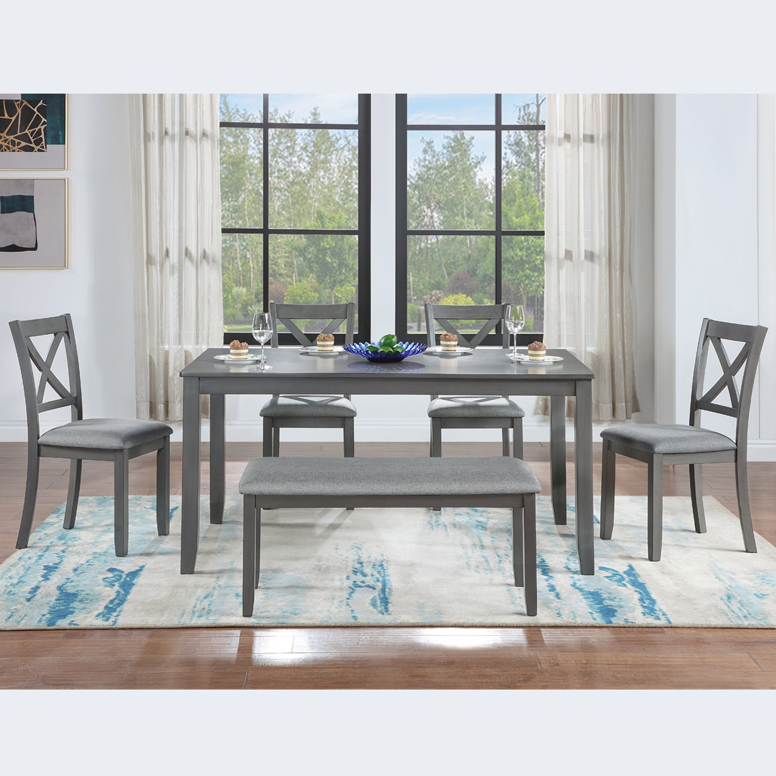 6PCs Kitchen Dining Set, Rectangular Wooden Dining Table with 4 Upholstered Chairs and a Bench, Dining Table Set for 6 People, Living Room, Home Bar and Kitchen, Gray - Grand Goldman Shop