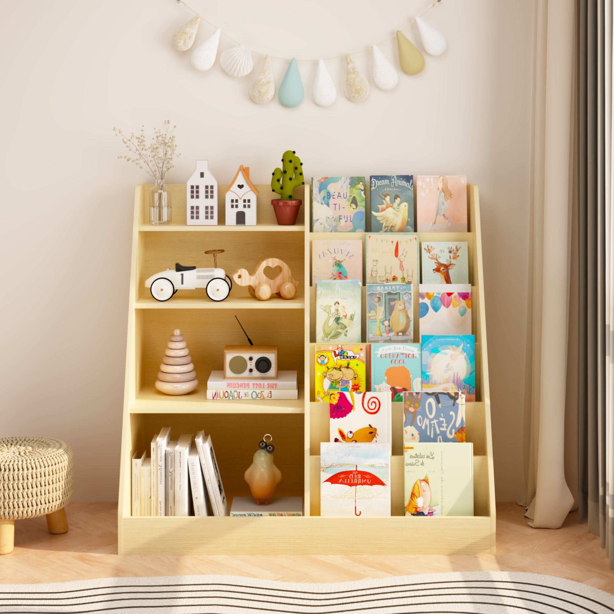 Kids Bookshelf and Toy Storage Organizer, Multifunctional 4 Tier Wooden Kids Book Shelf with  Bookcase Display Stand in Kids 