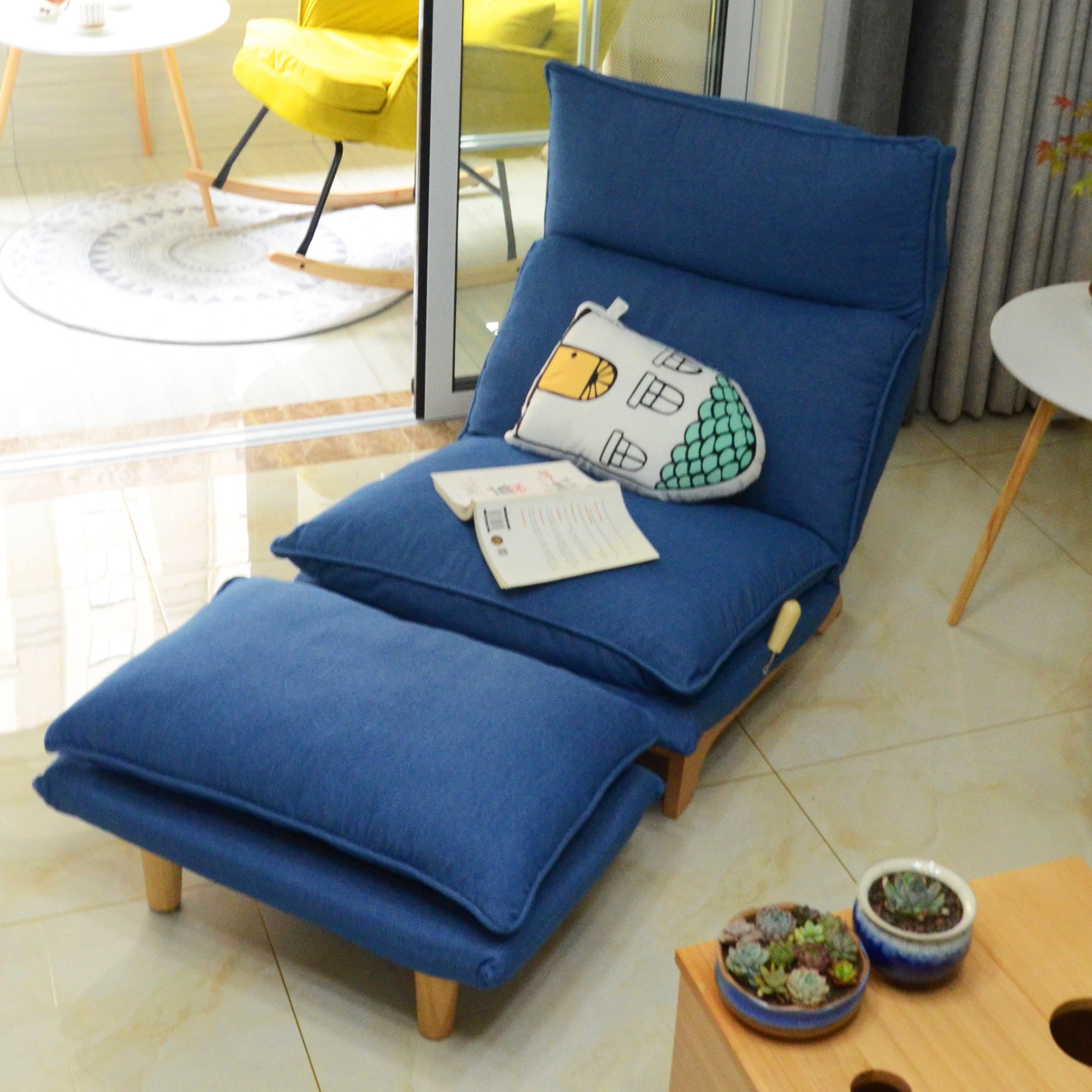Modern Dark Blue Metal Frame Foldable Reclining Floor Chair – Lazy Leisure Sofa for Balcony or Bedroom - Grand Goldman Shop