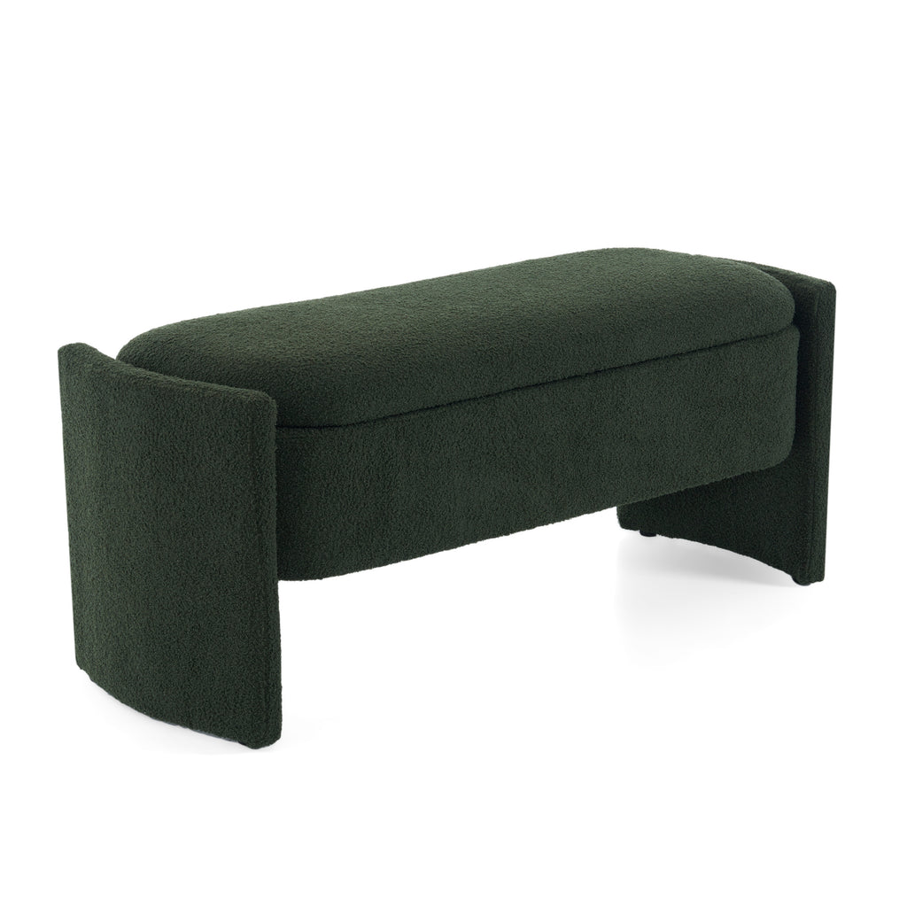 Elegant Long-shaped Storage Ottoman Bench, Boucle Material, Dark Green, Simple and Grand Design - Grand Goldman Shop