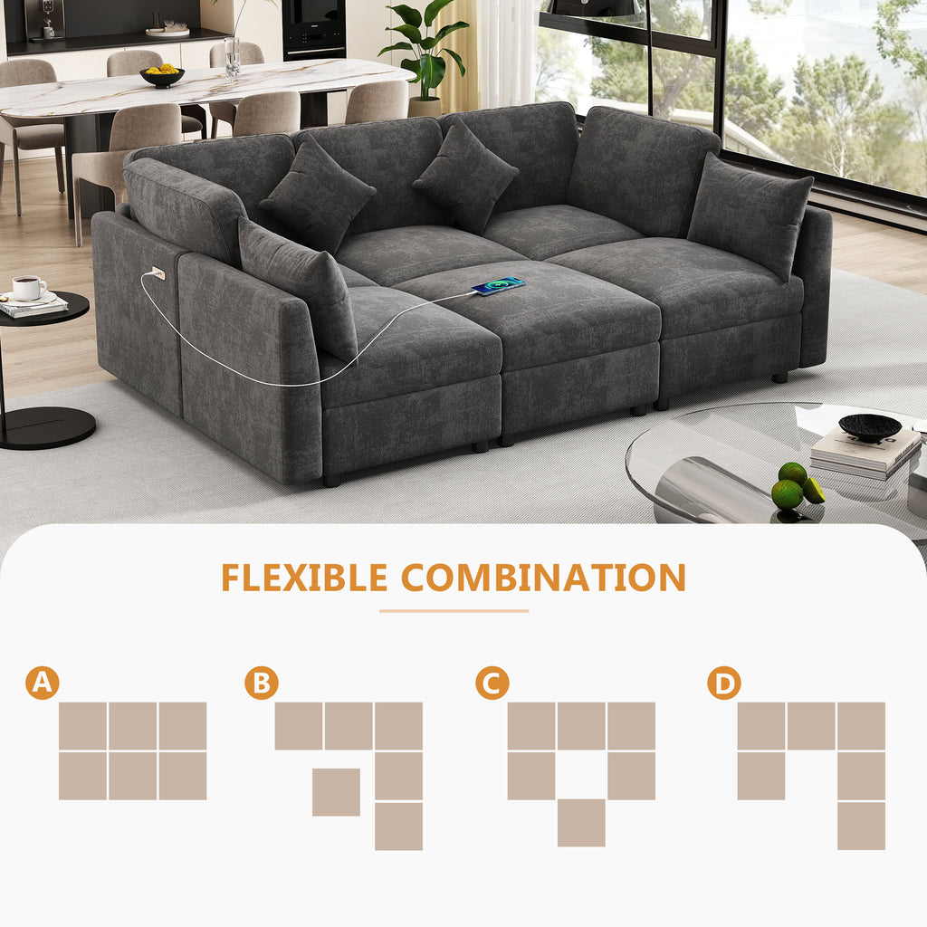 Stylish Modular U-Shaped Sectional Sofa with USB Ports, Black Chenille, 86.6' - Grand Goldman Shop