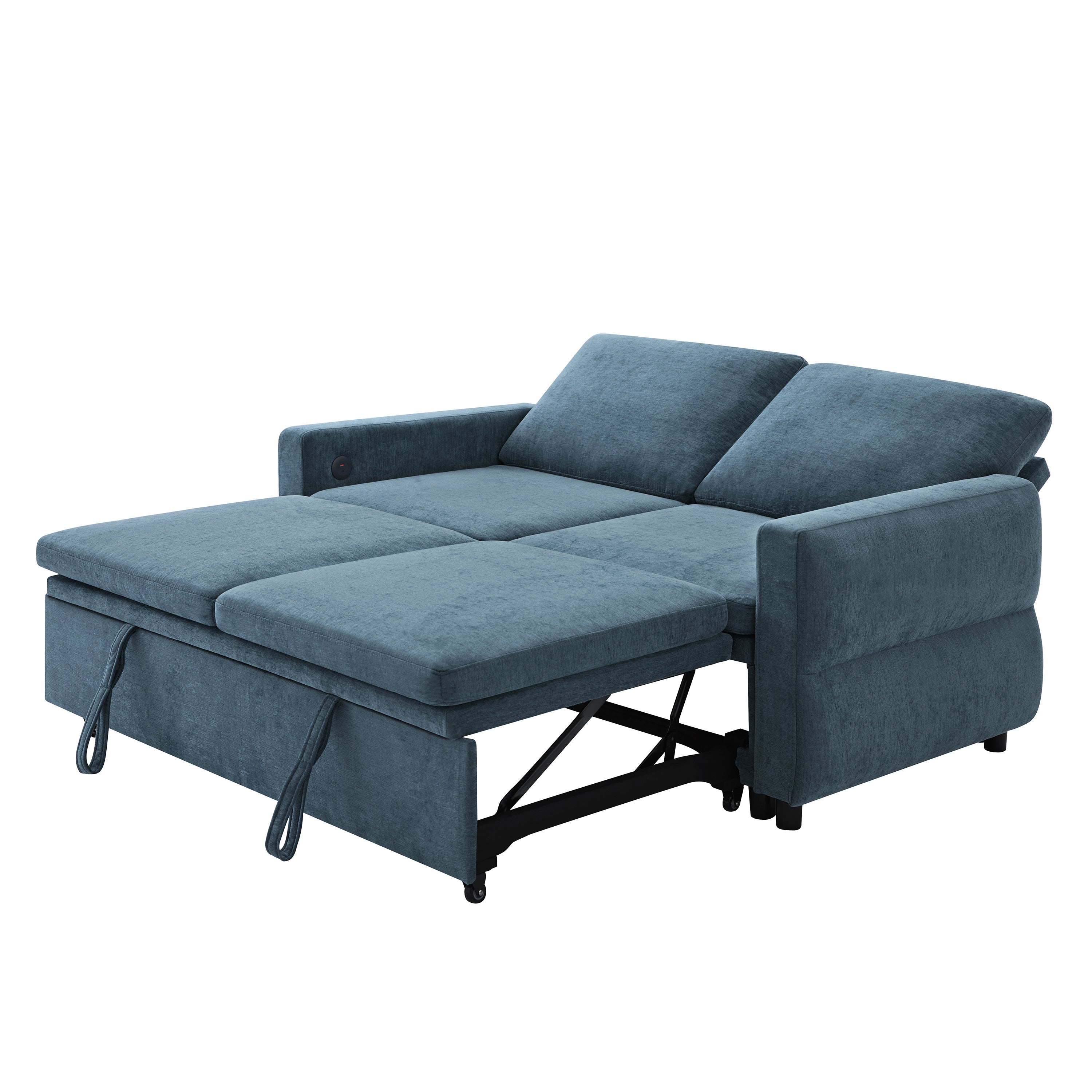 Convertible Sofa Bed 62.75' Loveseat with Adjustable Backrest and USB Ports in Blue Chenille Fabric - Grand Goldman Shop
