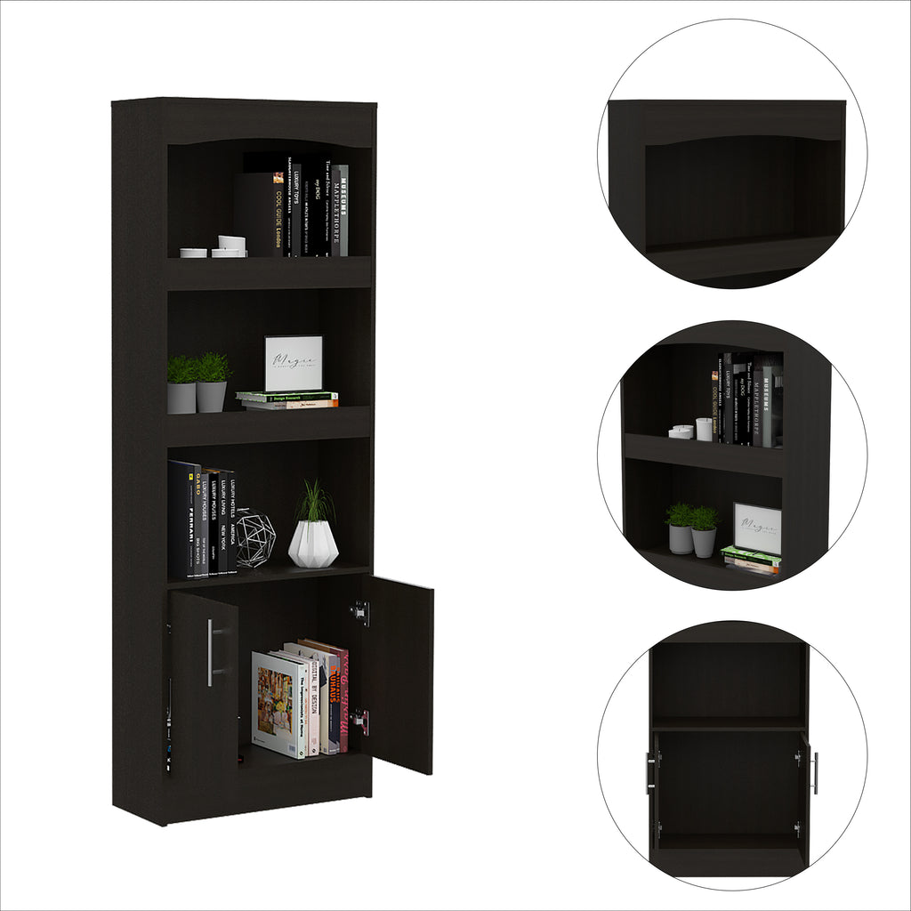 Bookcase, Three Shelves, Double Door Cabinet, Metal Hardware, Black - Grand Goldman