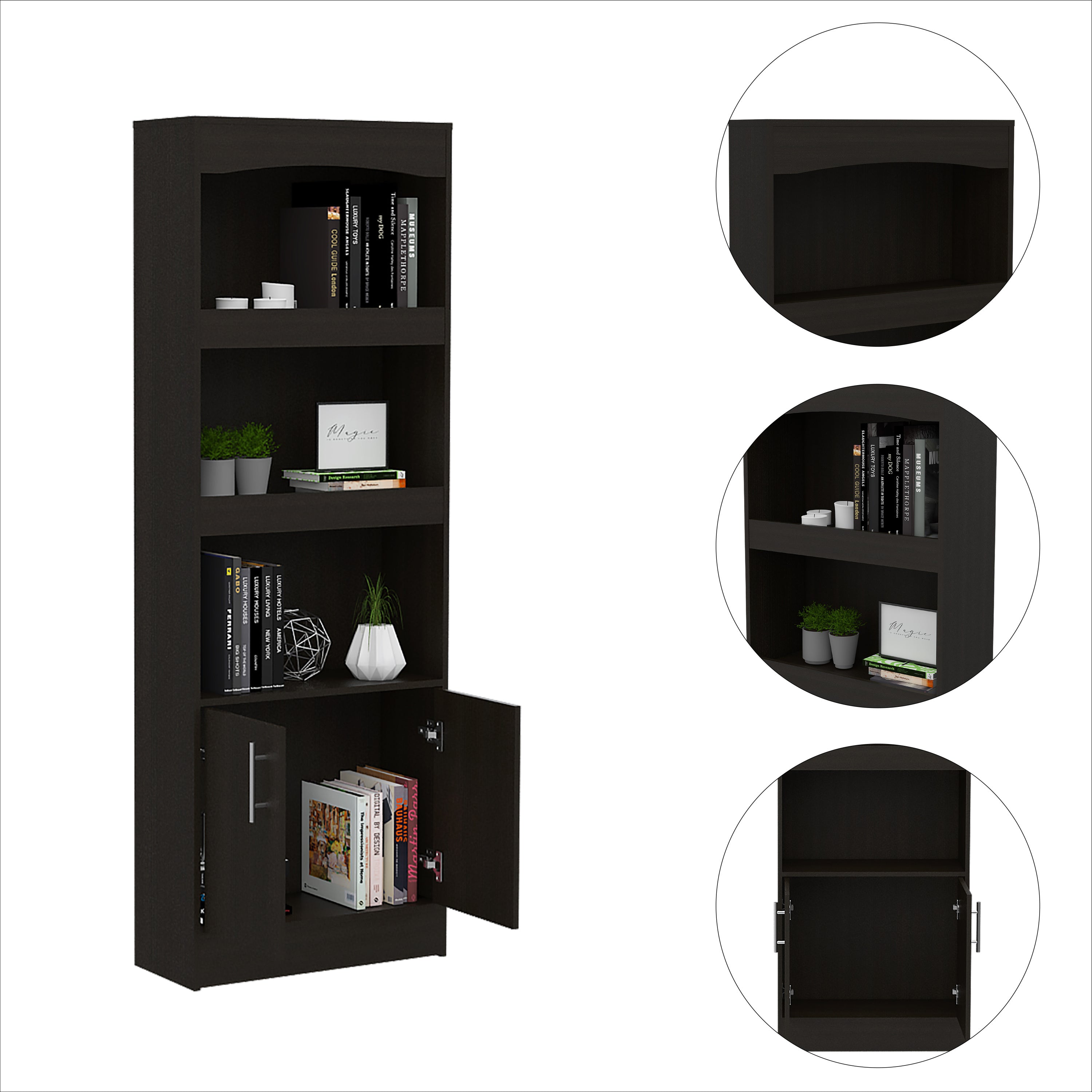 Bookcase, Three Shelves, Double Door Cabinet, Metal Hardware, Black - Grand Goldman