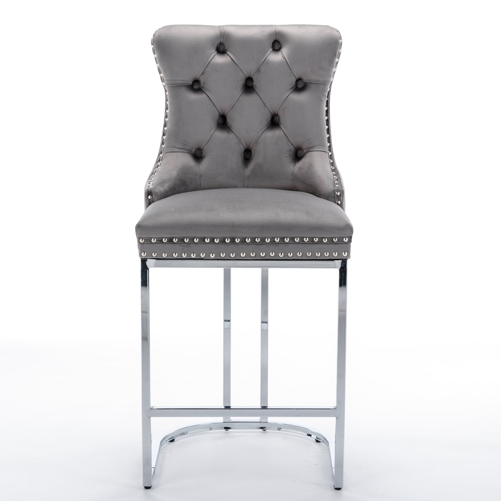 26' Counter Height Bar Stools Set of 2, Modern Velvet Barstools with Button Back&Rivet Trim Upholstered Kitchen Island Chairs with Sturdy Chromed Metal Base Legs Farmhouse Bar Stools, (Gray,2 Pack) - Grand Goldman Shop