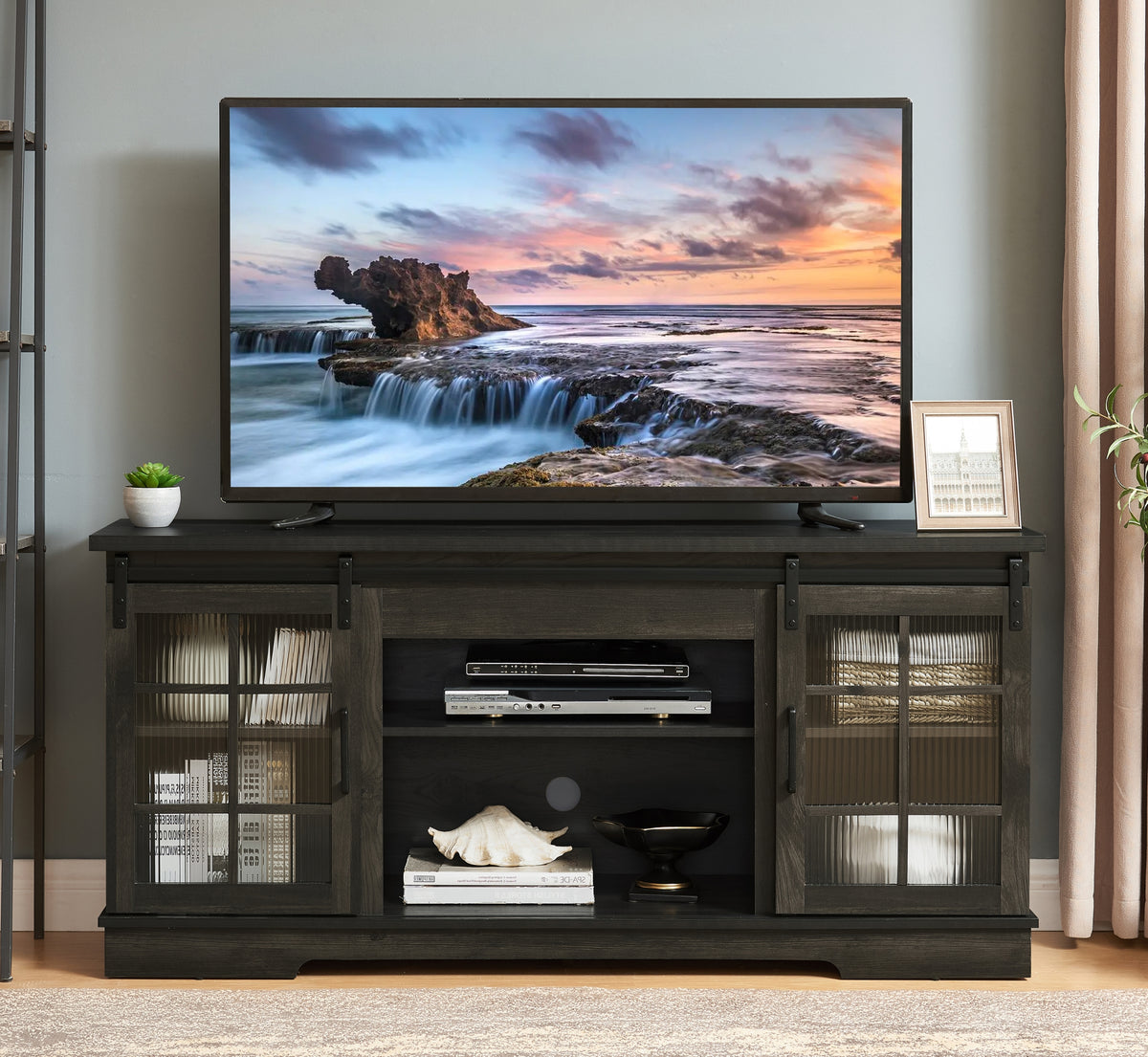 Multipurpose Sliding Door TV Stand Large Storage Cabinet with 2 Sliding Fluted Glass Tempered Doors, TV Up to 65'', TV Desk Storage Rack, Charcoal GREY, 59.13'W*15.94'D*27.8'H - Grand Goldman Shop