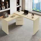 90' Modern L Shaped Desk in Natural Wood with 3 Drawers,360° Wood Rotating Desk,Executive Office Desk,Corner Desk,Office Stud