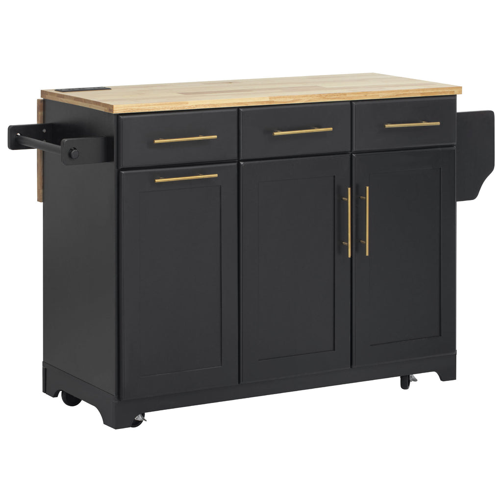 K&K 59.3' Kitchen Island with Storage 2 Pull Out Cabinet Organizers & Rubber Wood Drop Leaf, Rolling Kitchen Island with Trash Can Storage, Power Outlet, Spice & Towel Rack for Kitchen, Dining, Black - Grand Goldman Shop