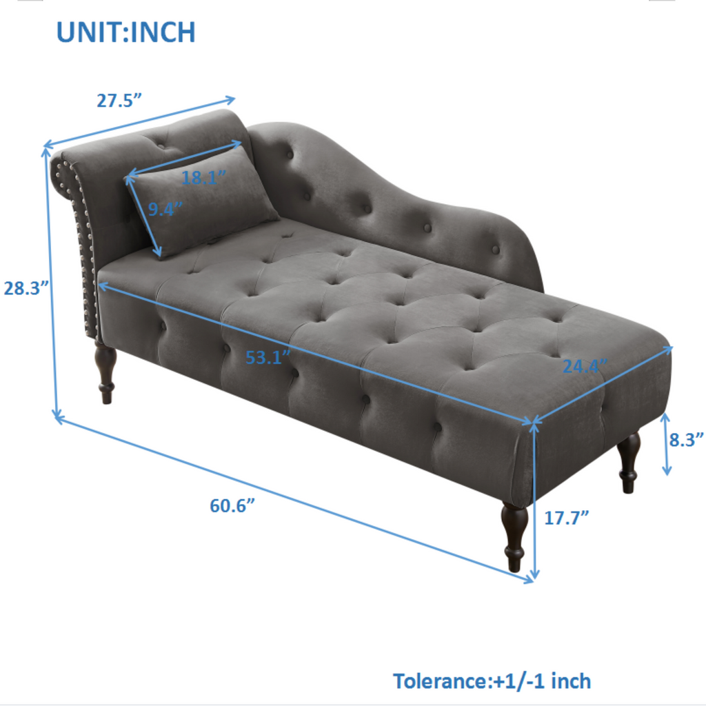 Aijia 60.6' Velvet Chaise Lounge Buttons Tufted Nailhead Trimmed Solid Wood Legs with 1 Pillow,Grey  (Left Arm Design as Shown in the Picture) - Grand Goldman Shop